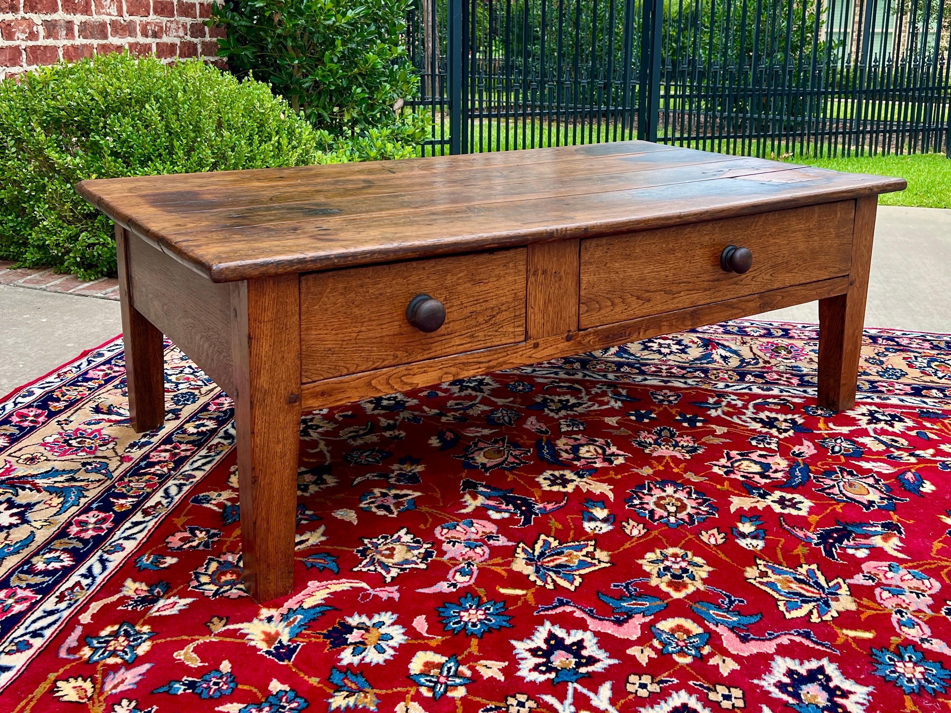 19th Century Antique English Coffee Table Farmhouse Rustic Oak Drawers Shaker Legs Mid-19th C