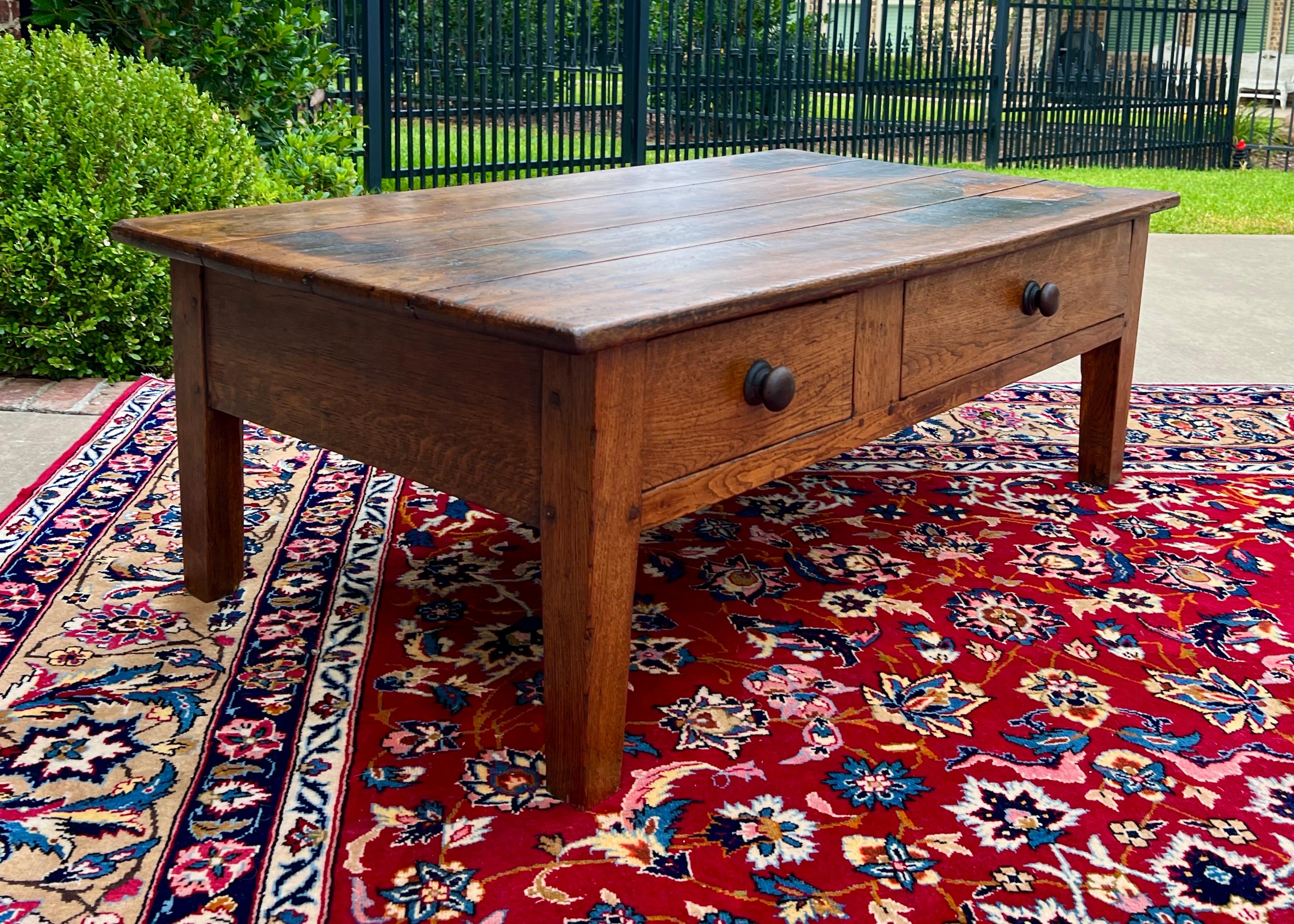 Antique English Coffee Table Farmhouse Rustic Oak Drawers Shaker Legs Mid-19th C 1