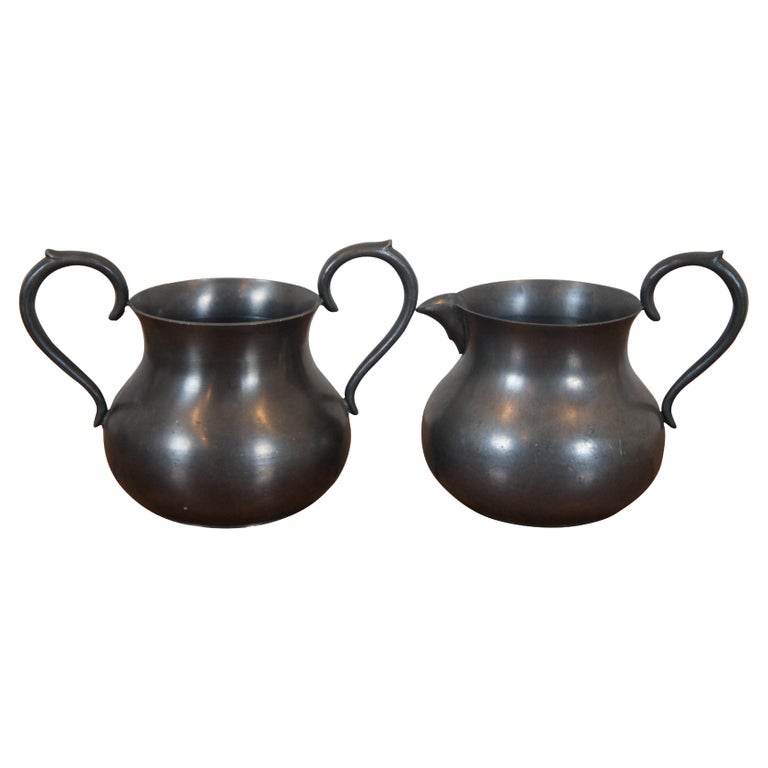 Antique English Colonial Pewter Creamer Pitcher and Sugar Bowl Serving