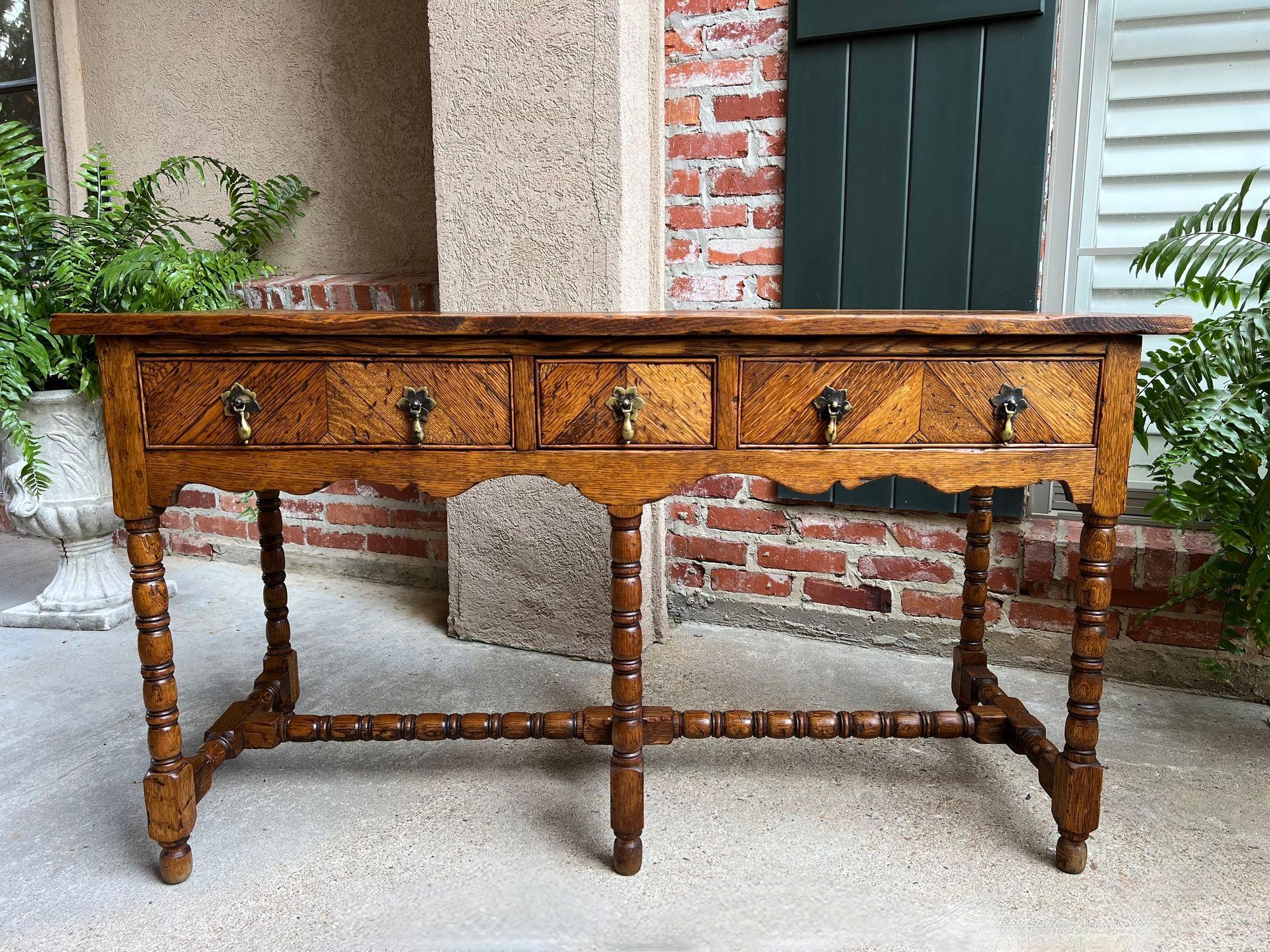 Parquetry Antique English Console Hall Table Slender Carved Oak 6 Bobbin Legs Sideboard