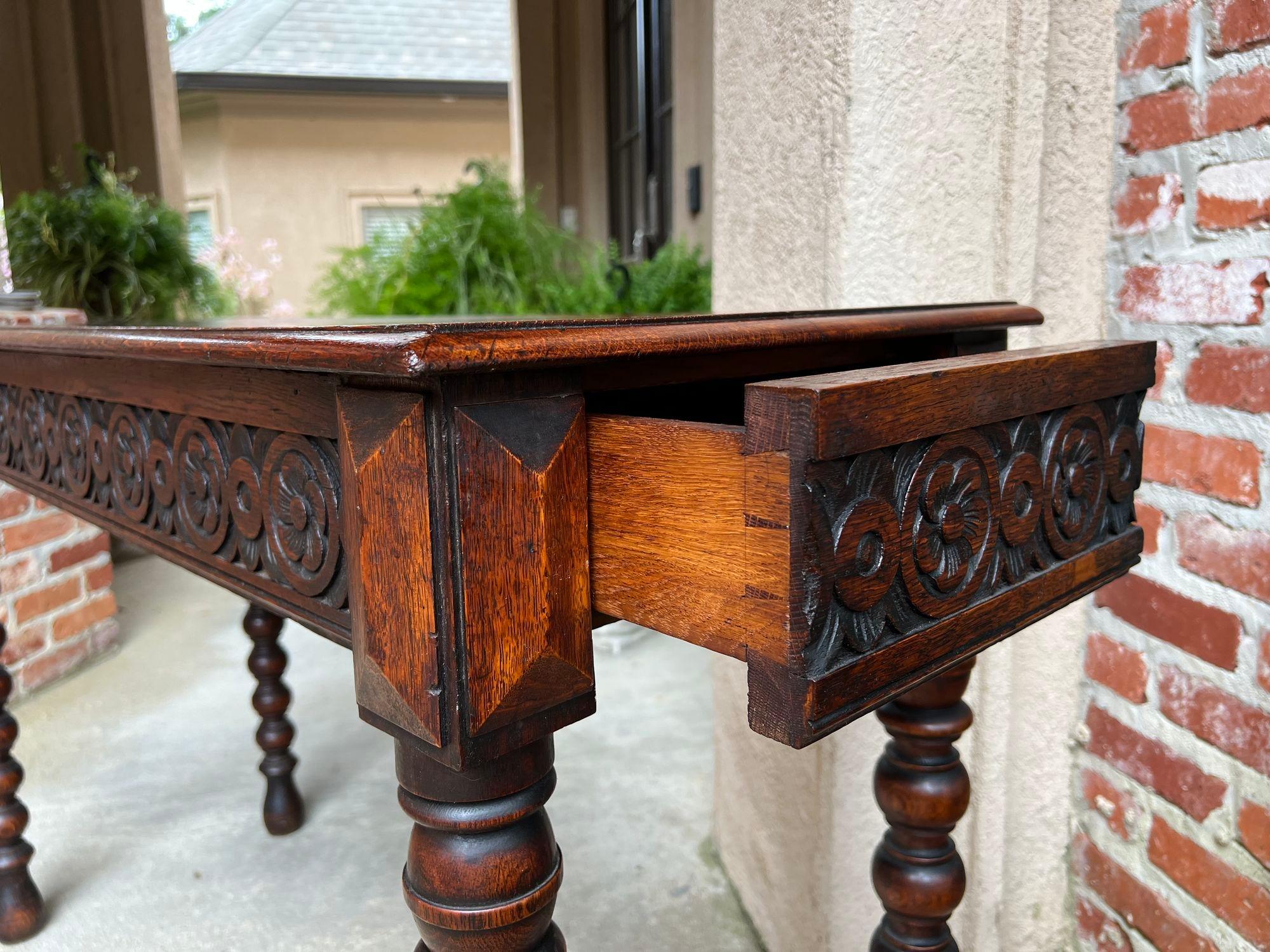 Antique English Console Sofa Table Carved Oak Tudor Bobbin Leg c1890 4
