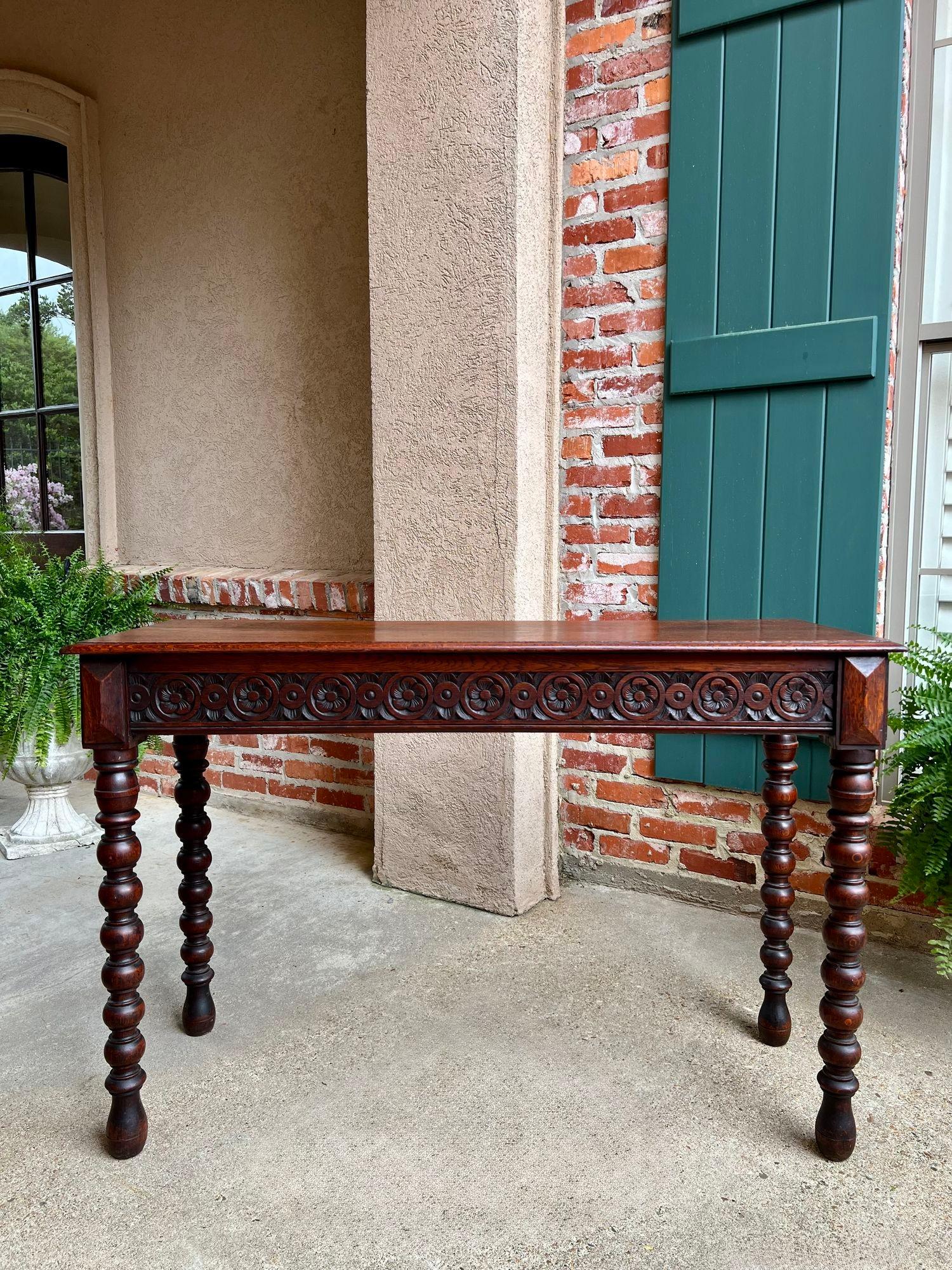 Antique English Console Sofa Table Carved Oak Tudor Bobbin Leg c1890 6