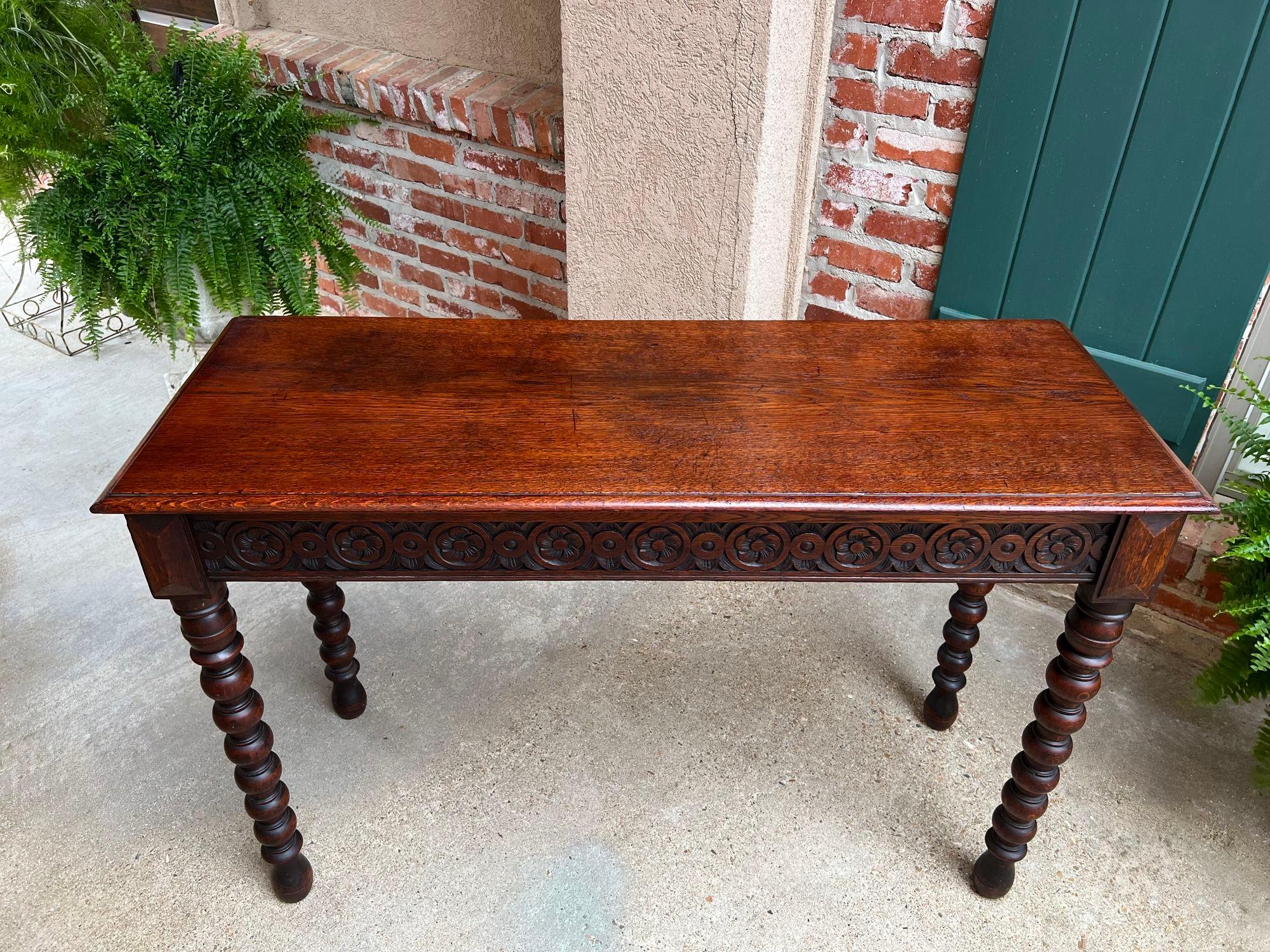 Antique English Console Sofa Table Carved Oak Tudor Bobbin Leg c1890 7