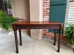 Antique English Console Sofa Table Carved Oak Tudor Bobbin Leg c1890