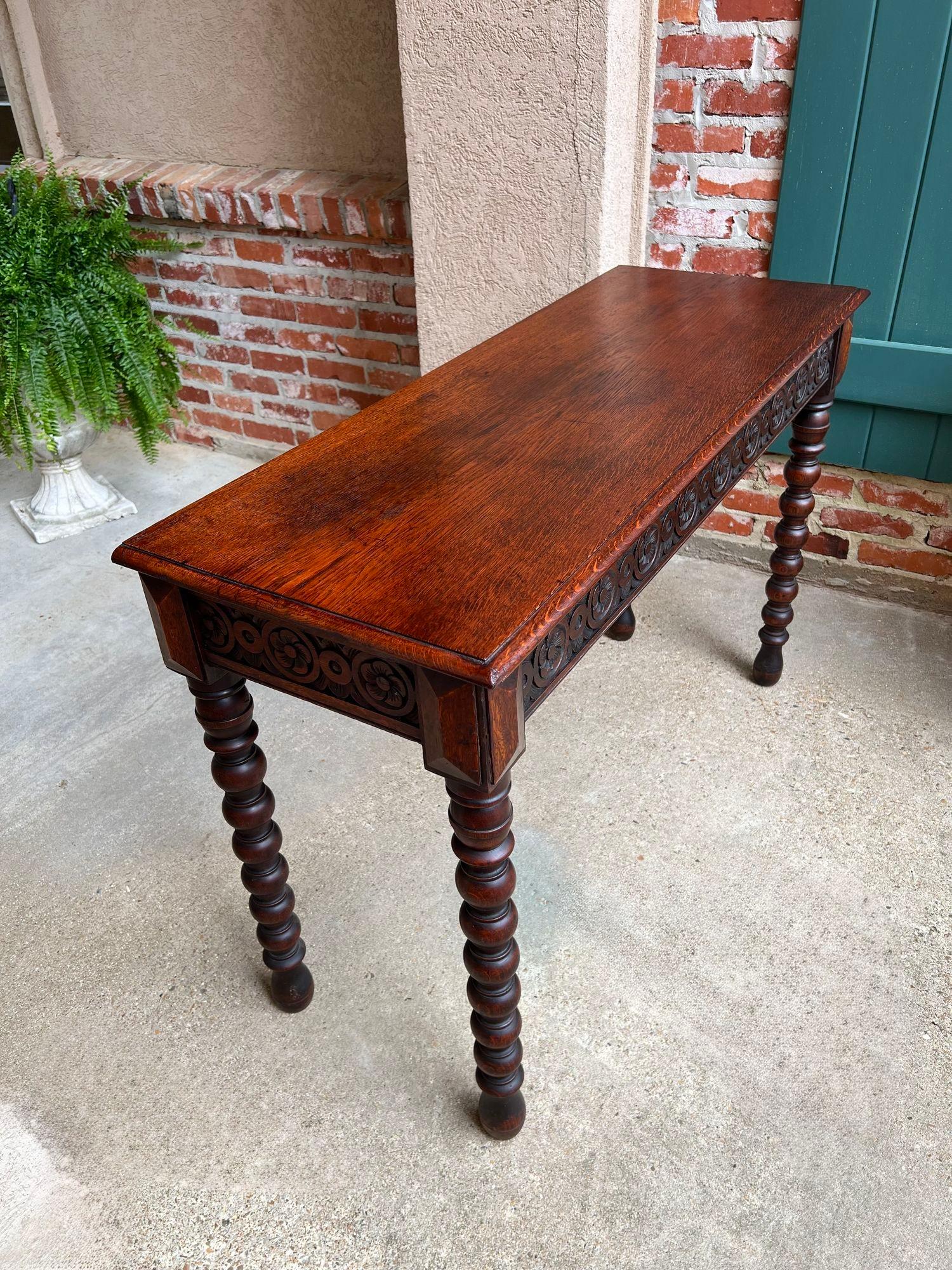 Antique English Console Sofa Table Carved Oak Tudor Bobbin Leg c1890 13
