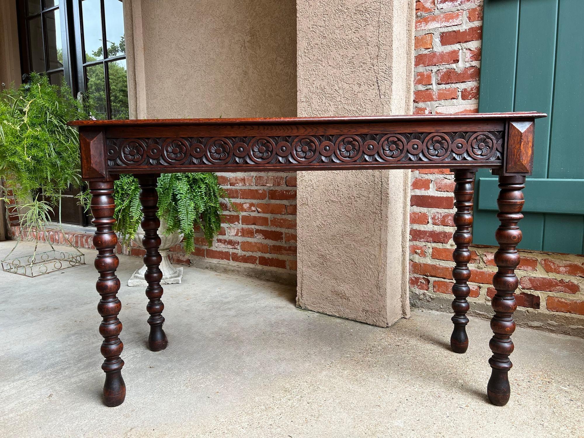 Jacobean Antique English Console Sofa Table Carved Oak Tudor Bobbin Leg c1890