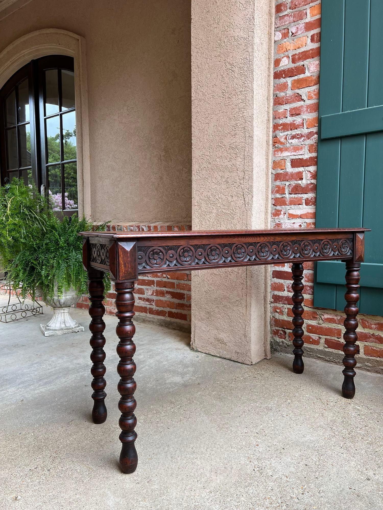 British Antique English Console Sofa Table Carved Oak Tudor Bobbin Leg c1890