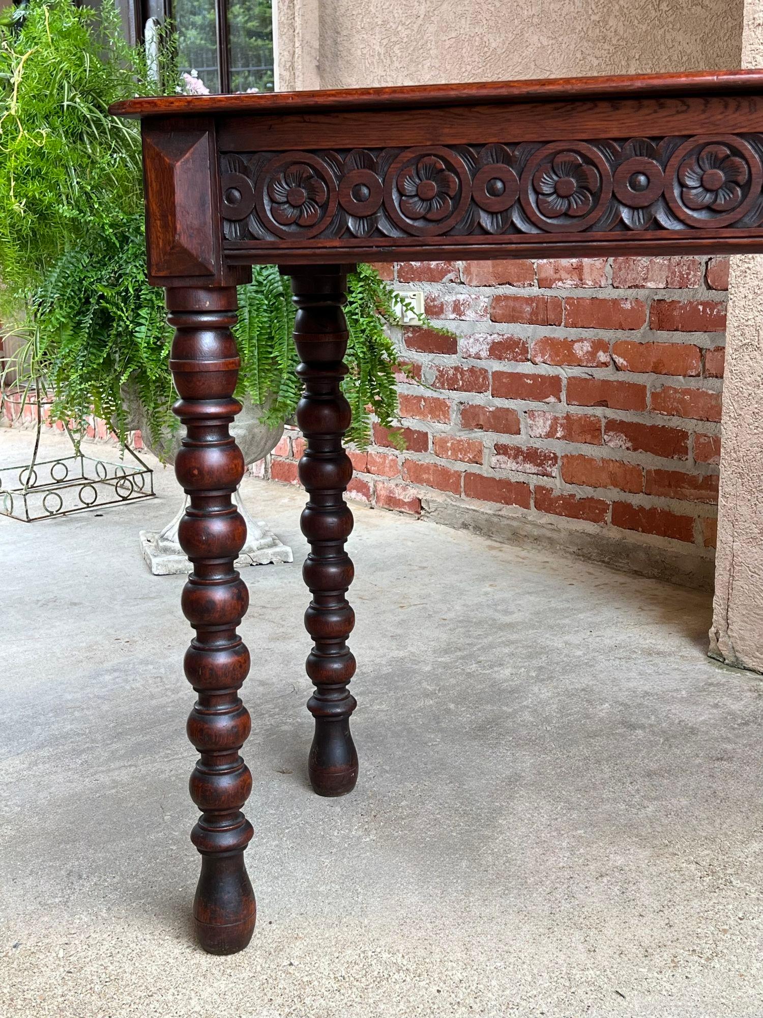 Hand-Carved Antique English Console Sofa Table Carved Oak Tudor Bobbin Leg c1890