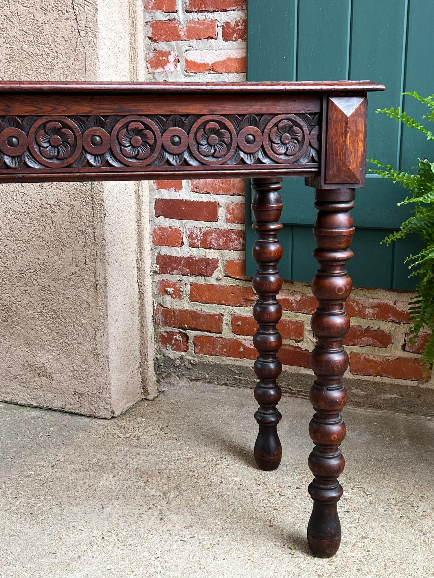 Antique English Console Sofa Table Carved Oak Tudor Bobbin Leg c1890 In Good Condition In Shreveport, LA