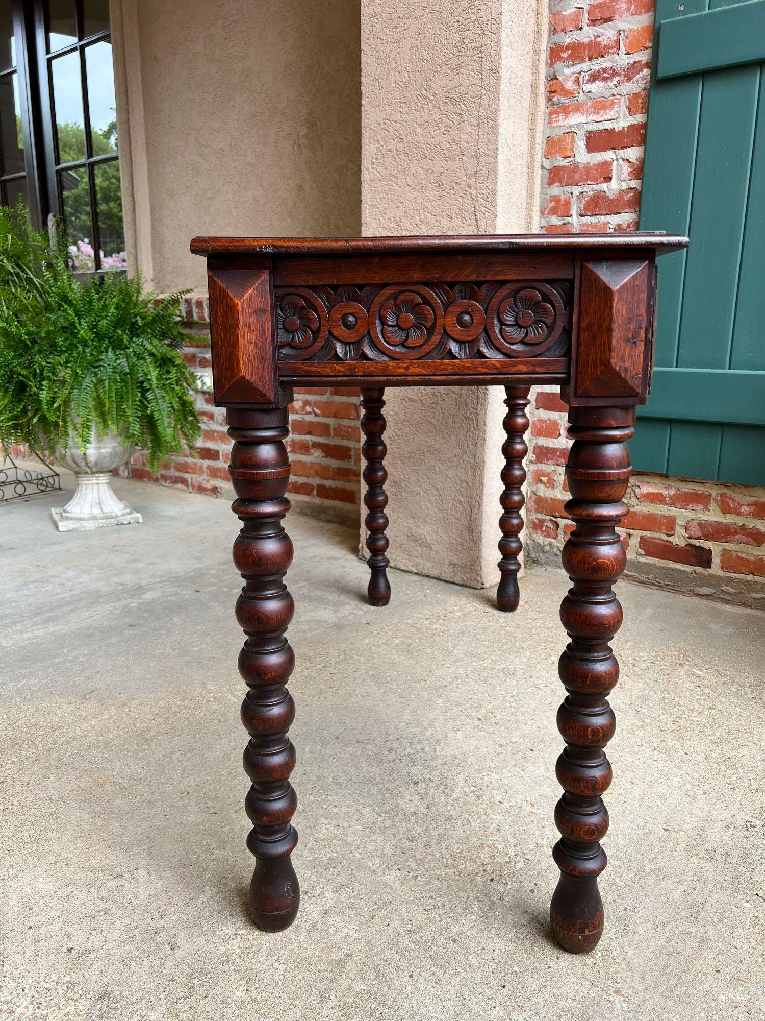 19th Century Antique English Console Sofa Table Carved Oak Tudor Bobbin Leg c1890