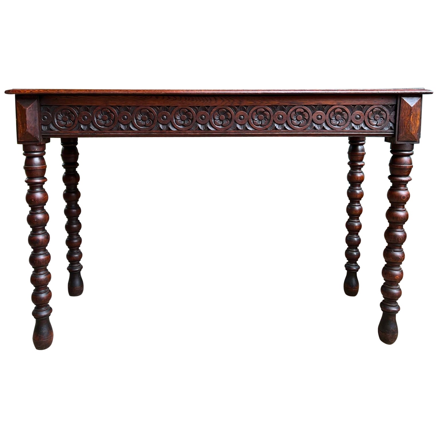 Antique English Console Sofa Table Carved Oak Tudor Bobbin Leg c1890