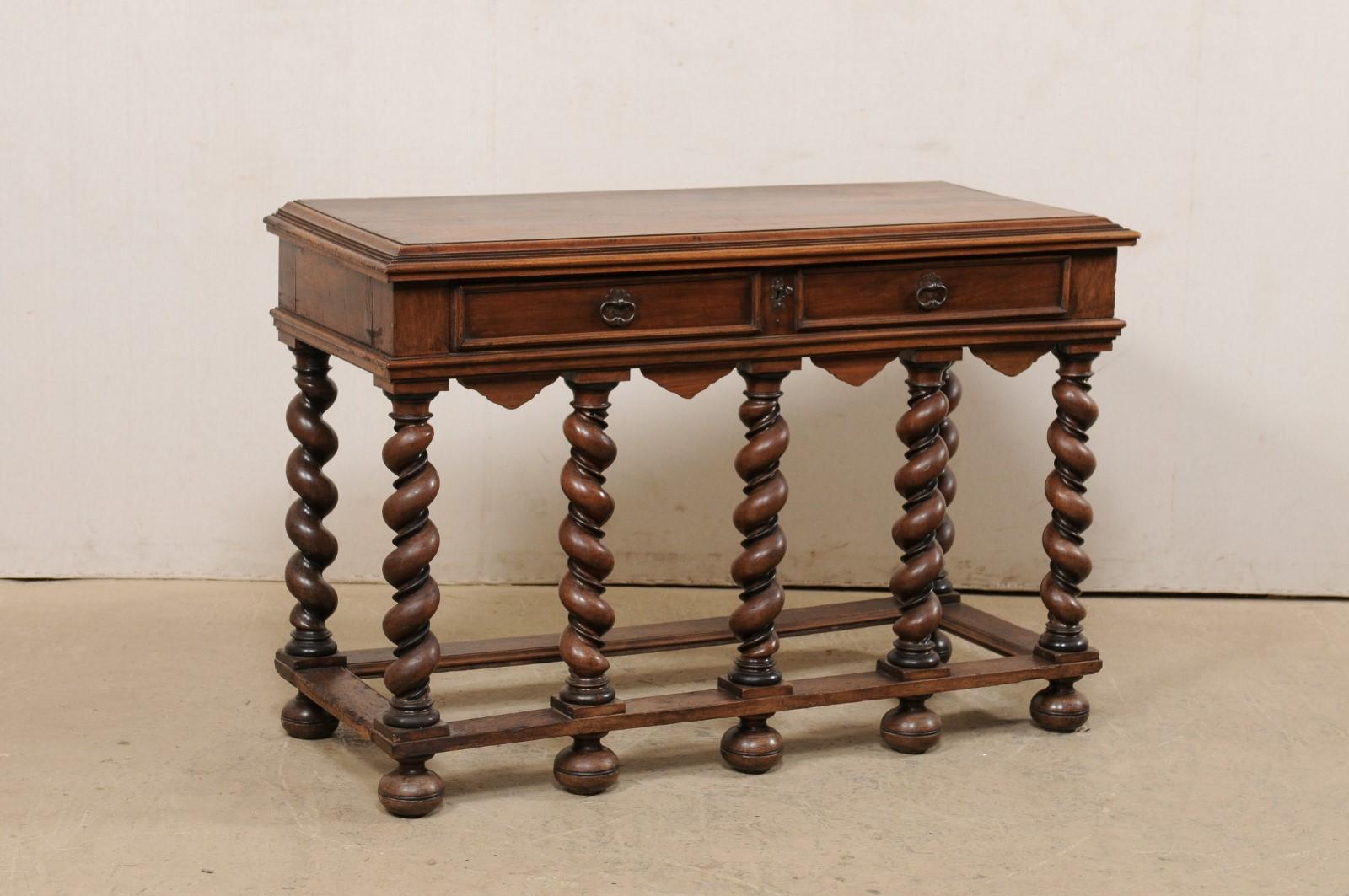 Wood Antique English Console Table Beautifully Presented on Robust Barely Twist Legs For Sale