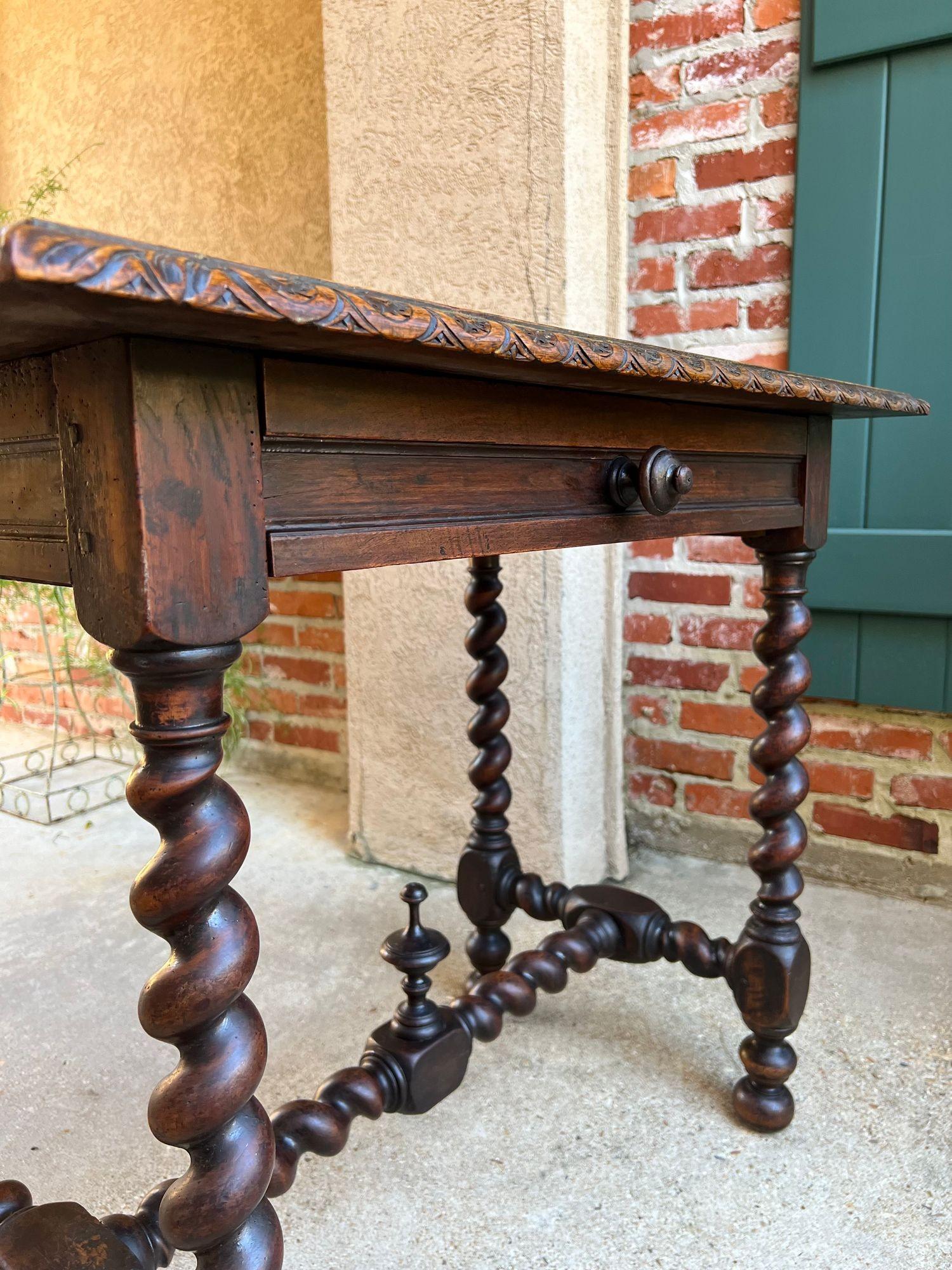 19th Century Antique English Console Table Writing Desk Jacobean Barley Twist Carved Oak For Sale