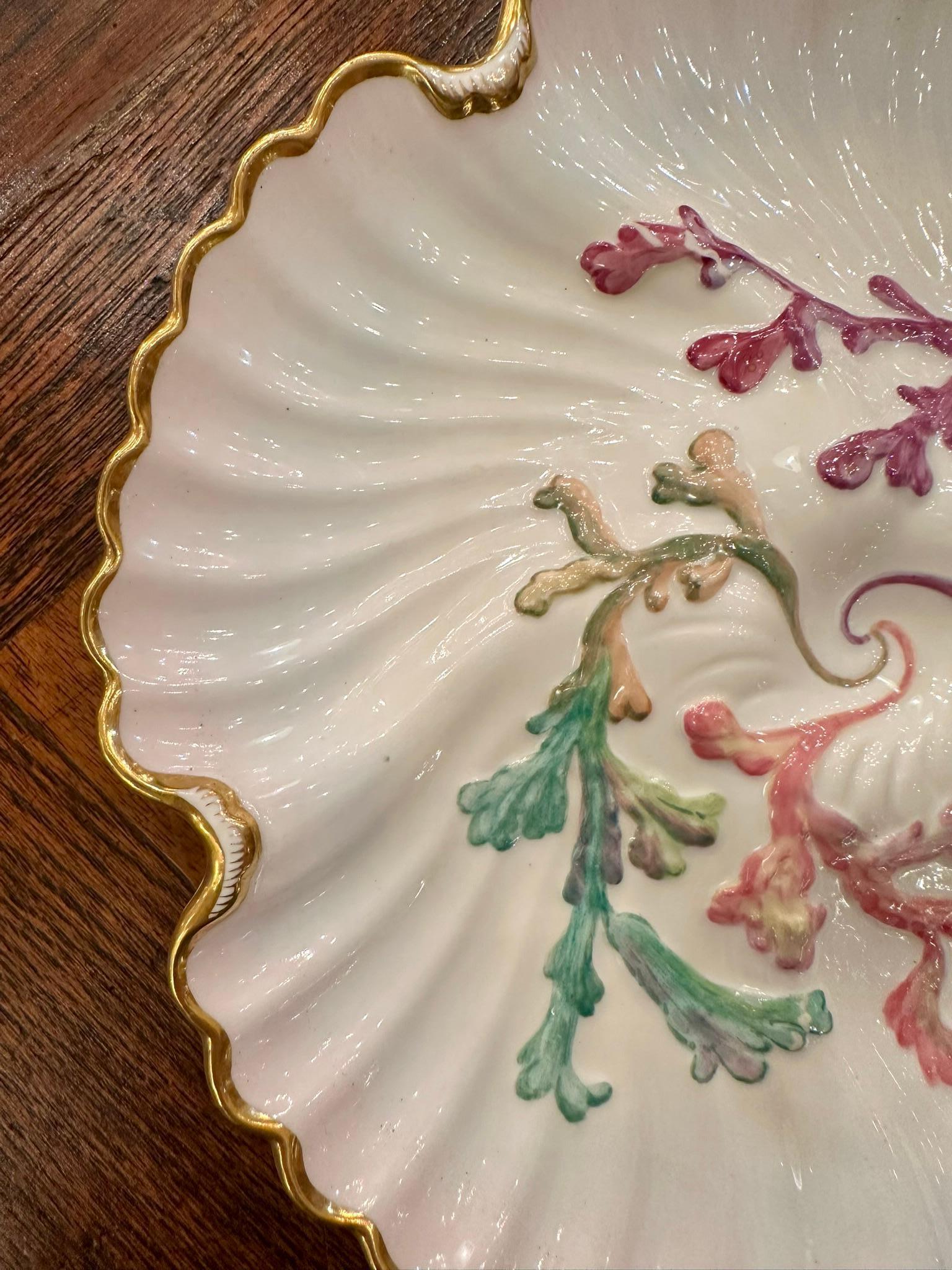Antique English Porcelain Wave Pattern Oyster Plate with Coral Design Signed 