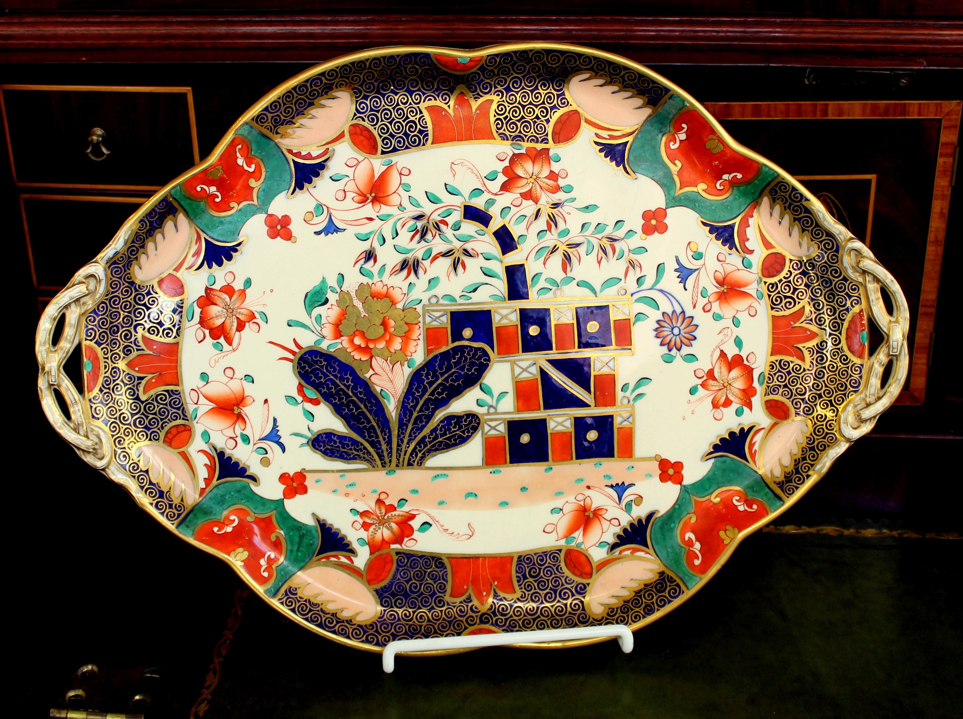 Very rare and fine antique English Copeland (Spode) hand painted Earthenware Imari decor cabaret, dejeuner or vanity tray with impressed 