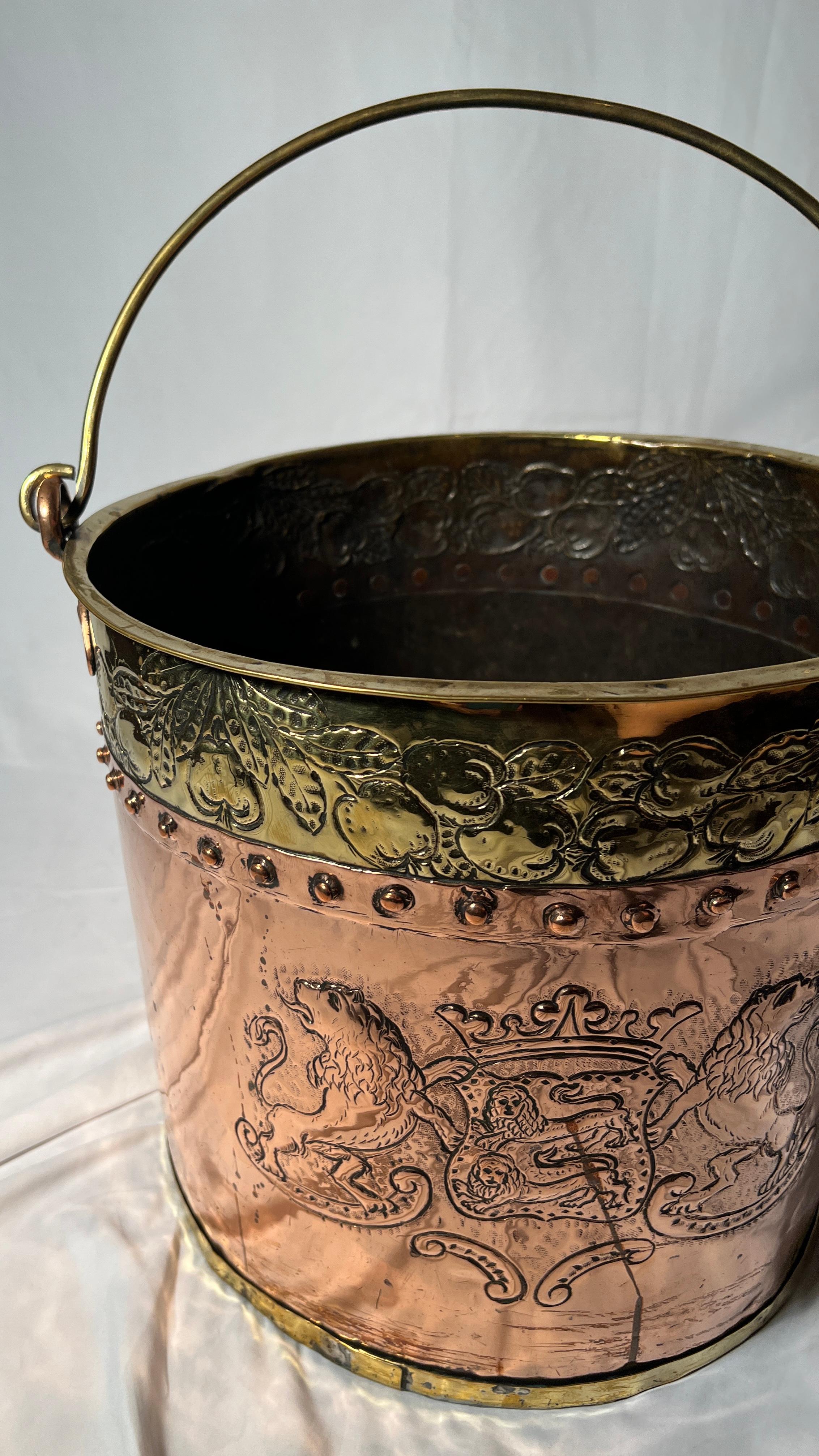 Antique English Copper and Brass Repousse Bucket For Sale 1