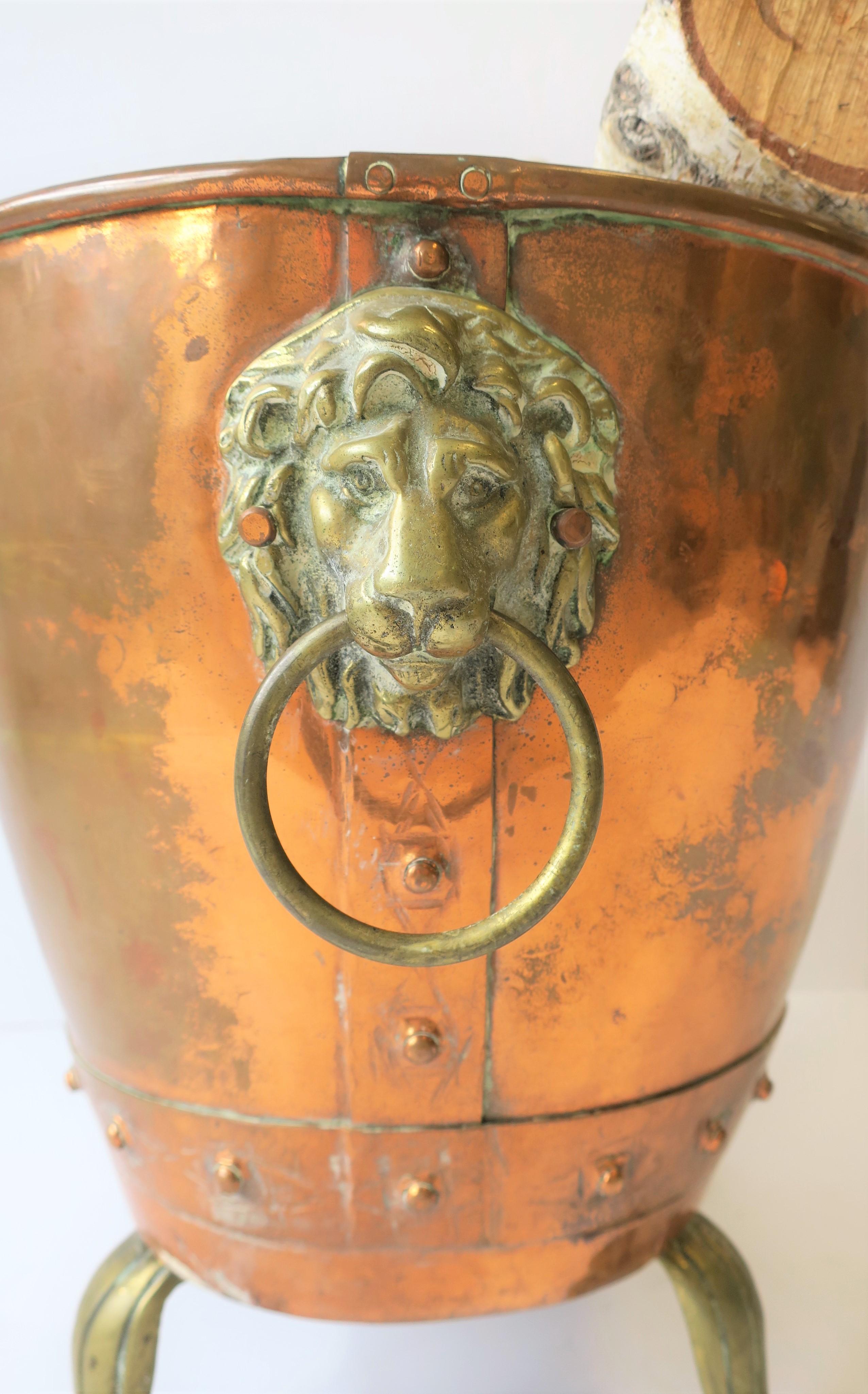 Antique English Copper and Bronze Firewood Log Holder with Lion Heads 4