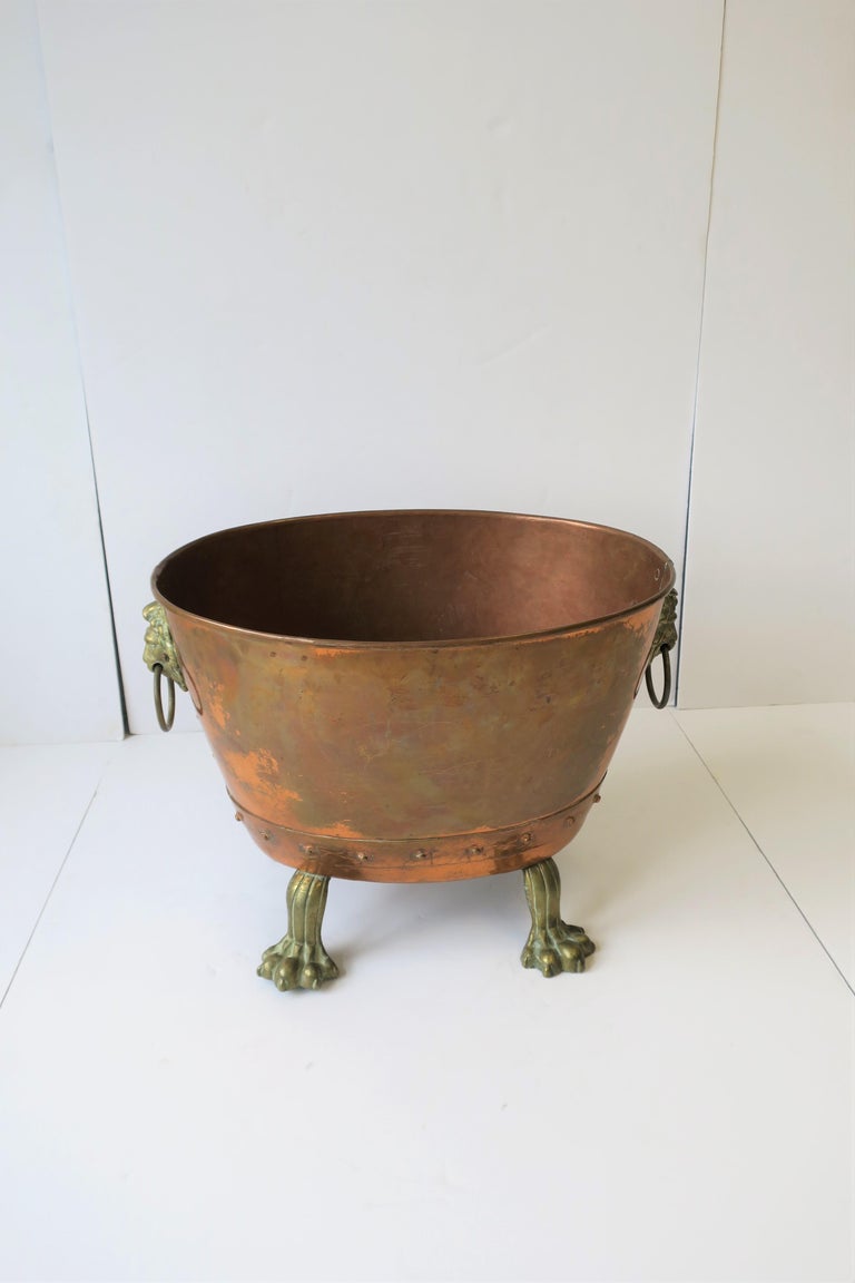 Antique English Copper and Bronze Firewood Log Holder with Lion Heads at  1stDibs