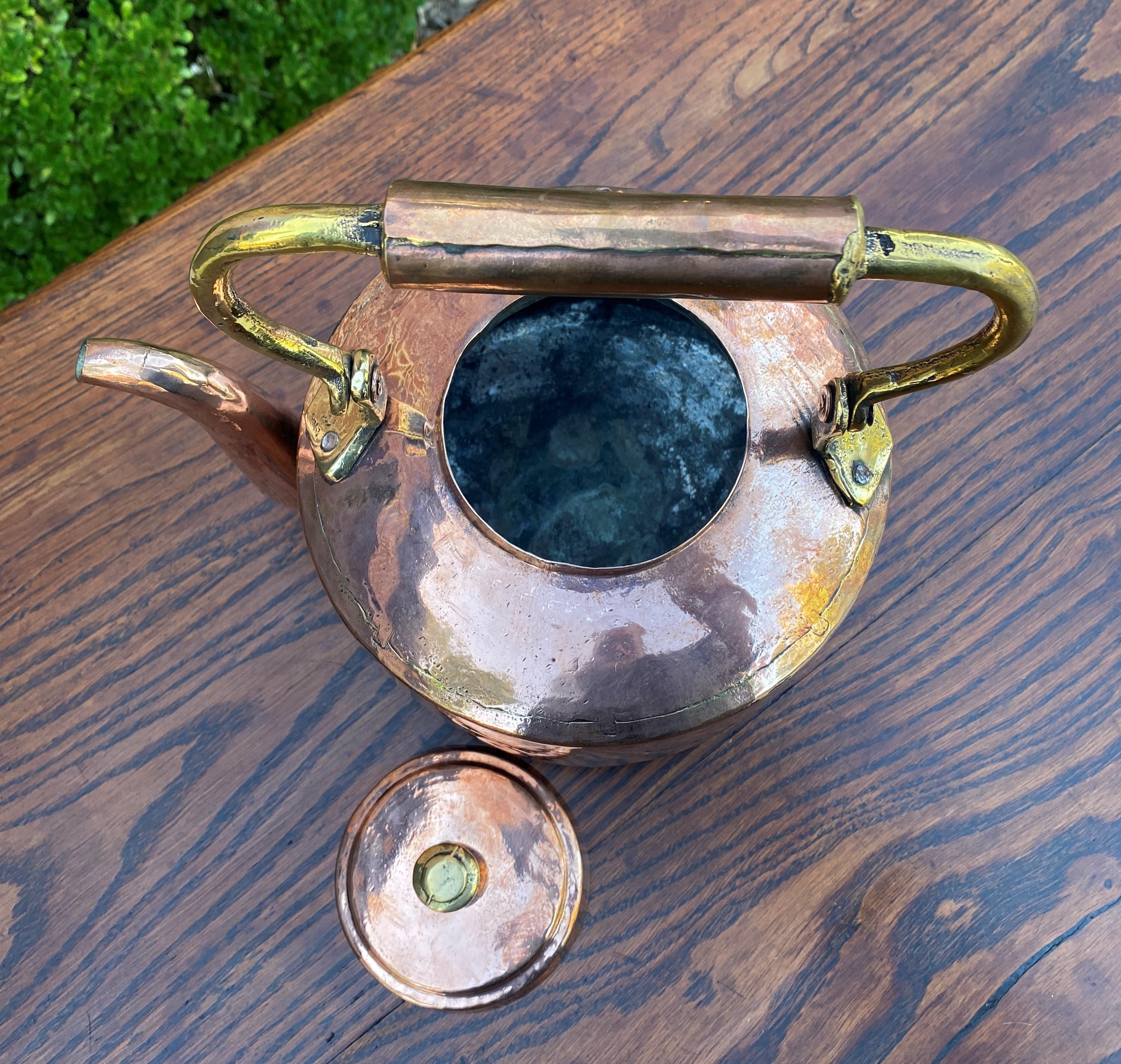 19th Century Antique English Copper & Brass Kettle Hand Seamed Tea Water Kettle, c. 1900
