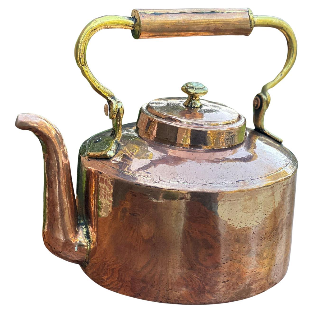 Antique English Copper & Brass Kettle Hand Seamed Tea Water Kettle, c. 1900