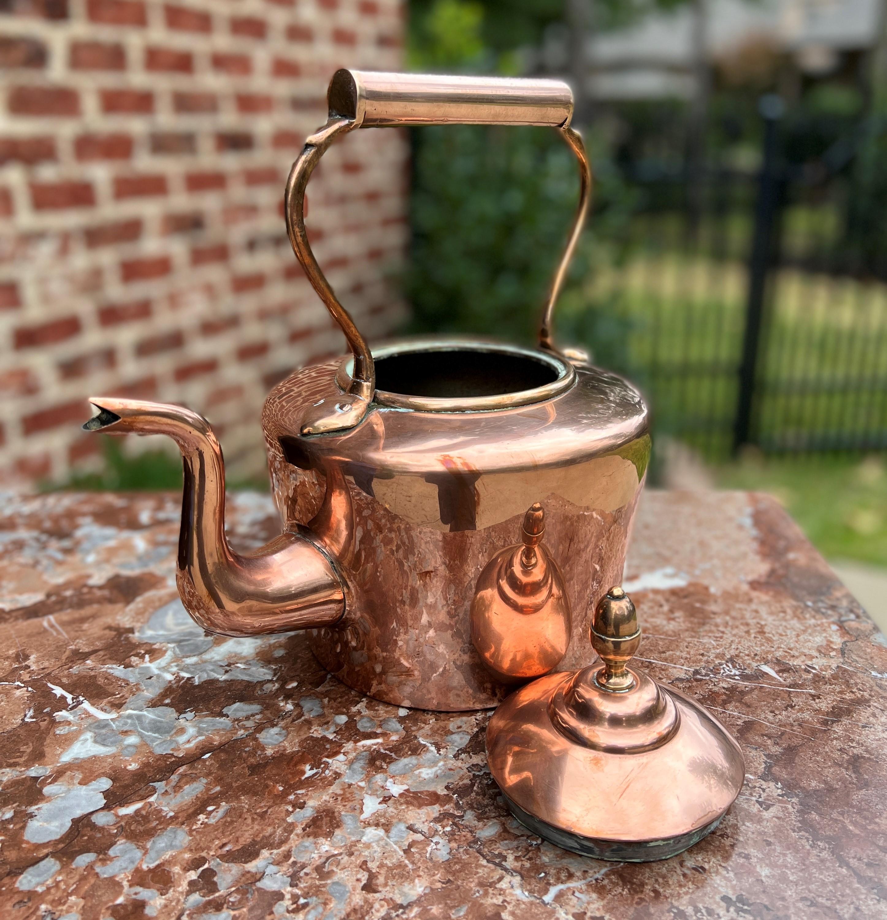 Antique English Copper Brass Tea Kettle Coffee Pitcher Spout Handle #1 c. 1900 In Good Condition For Sale In Tyler, TX