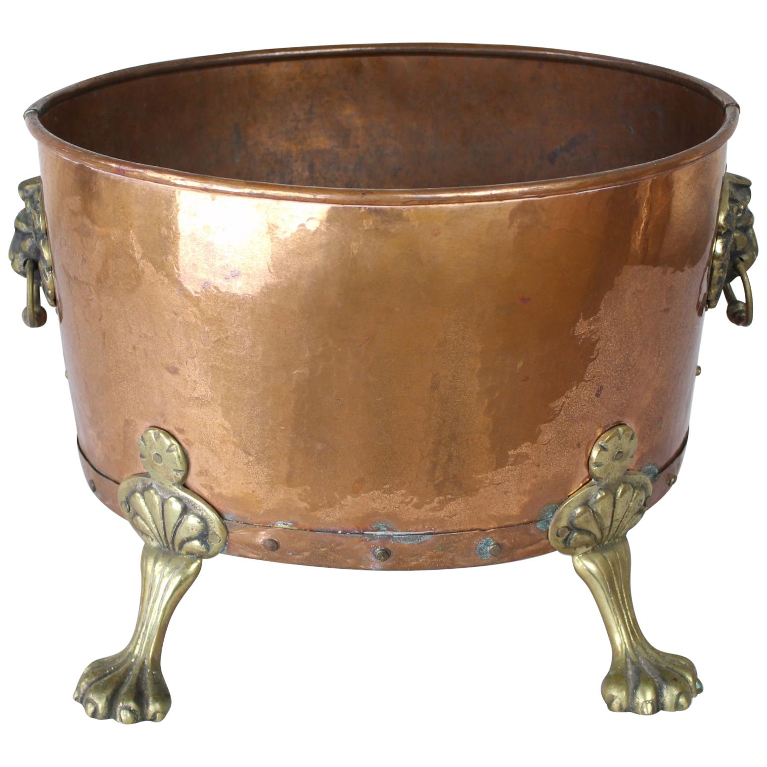 Antique English Copper Log Bin with Brass Claw Feet and Lion's Heads