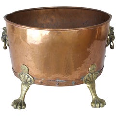 Antique English Copper Log Bin with Brass Claw Feet and Lion's Heads