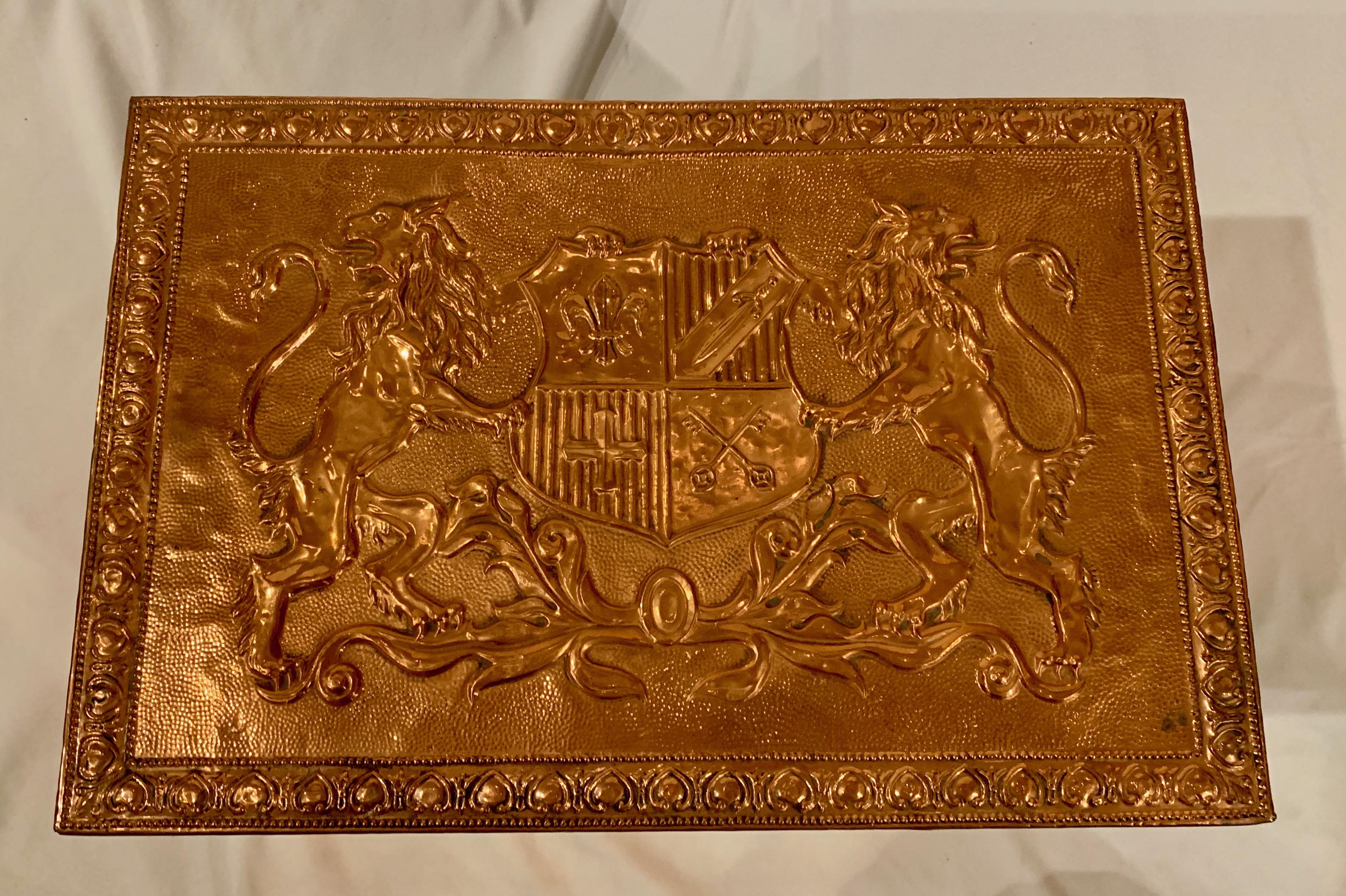 Antique English copper repousse chest, circa 1880.