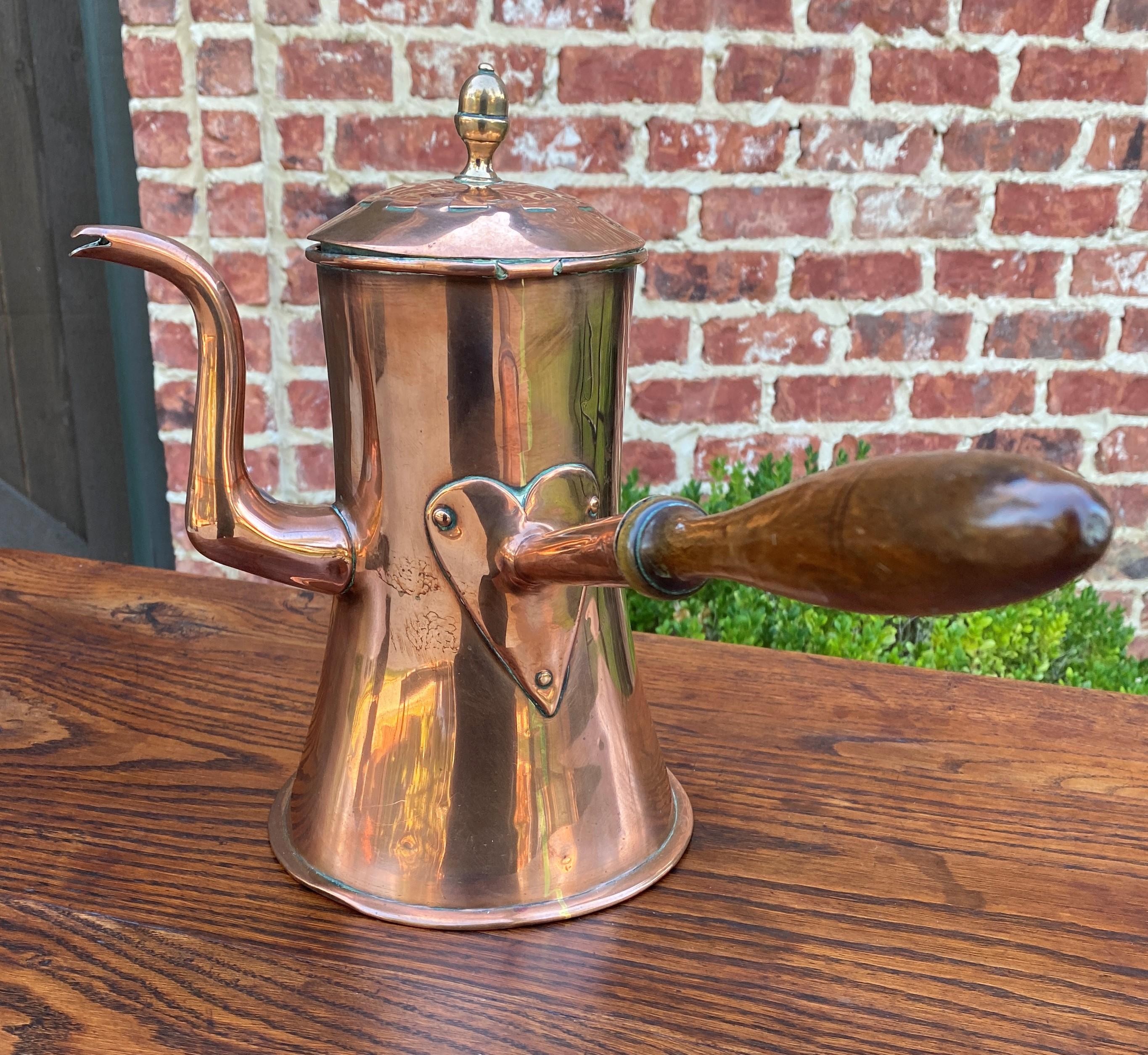 19th Century Antique English Copper Tea Kettle Pitcher Hand Seamed Wood Handle Pour Spout