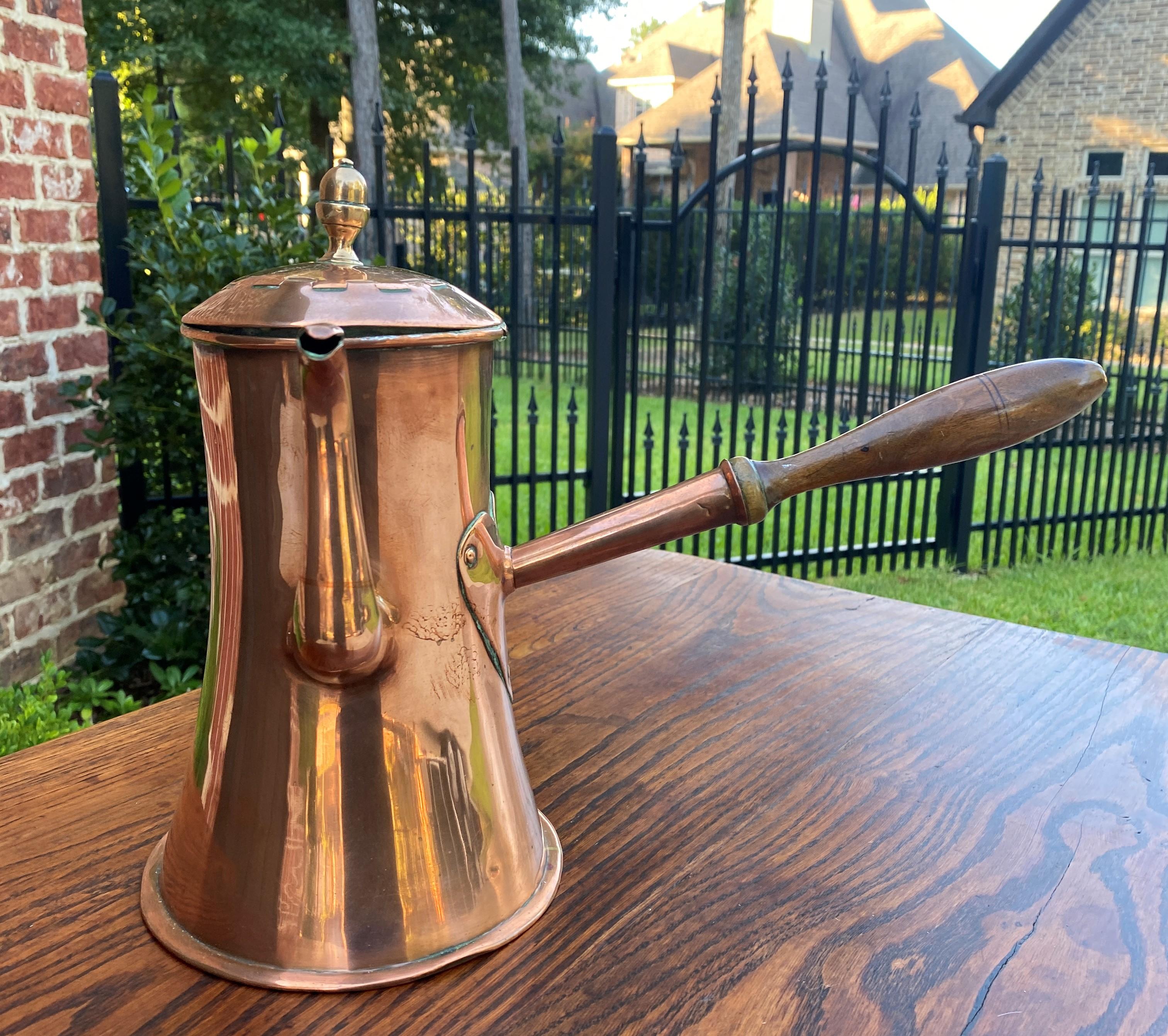 Antique English Copper Tea Kettle Pitcher Hand Seamed Wood Handle Pour Spout 1