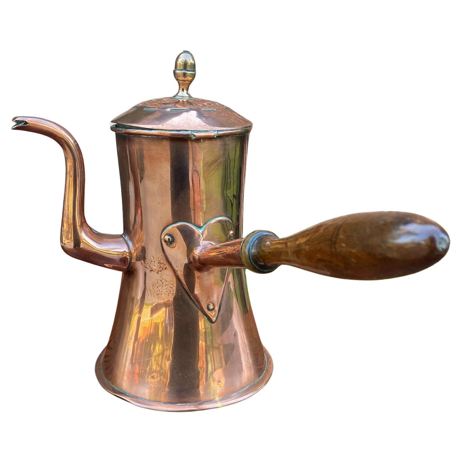 Antique English Copper Tea Kettle Pitcher Hand Seamed Wood Handle Pour Spout