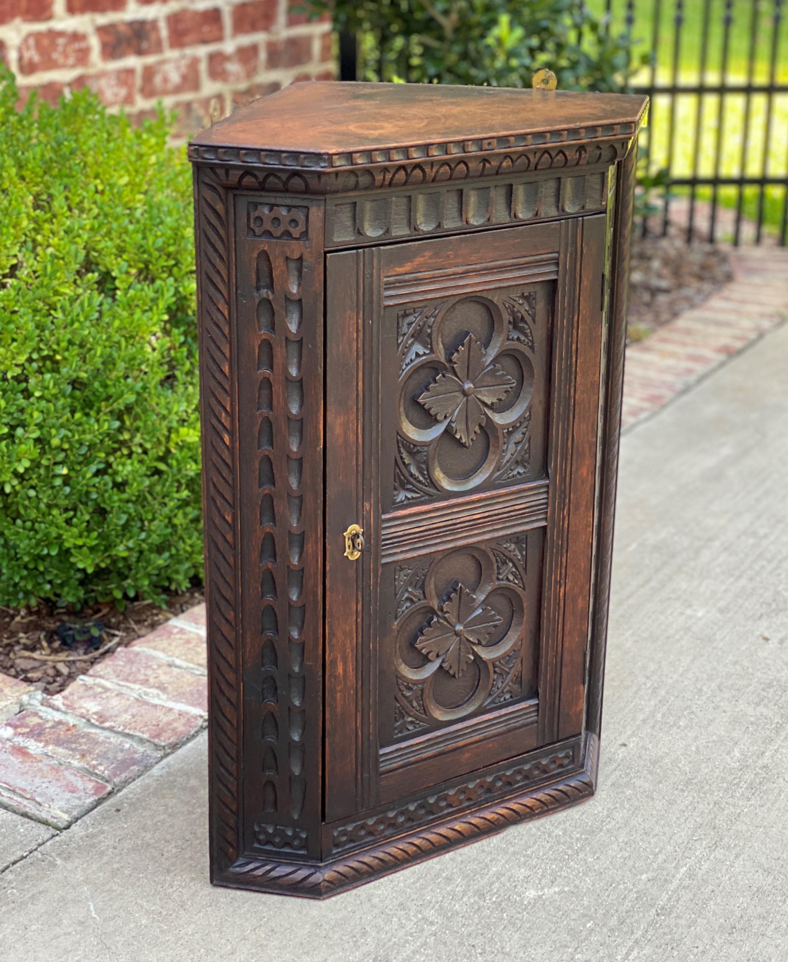 Antique English Corner Cabinet Carved Oak Hanging Wall Cabinet Large Storage 19C 5