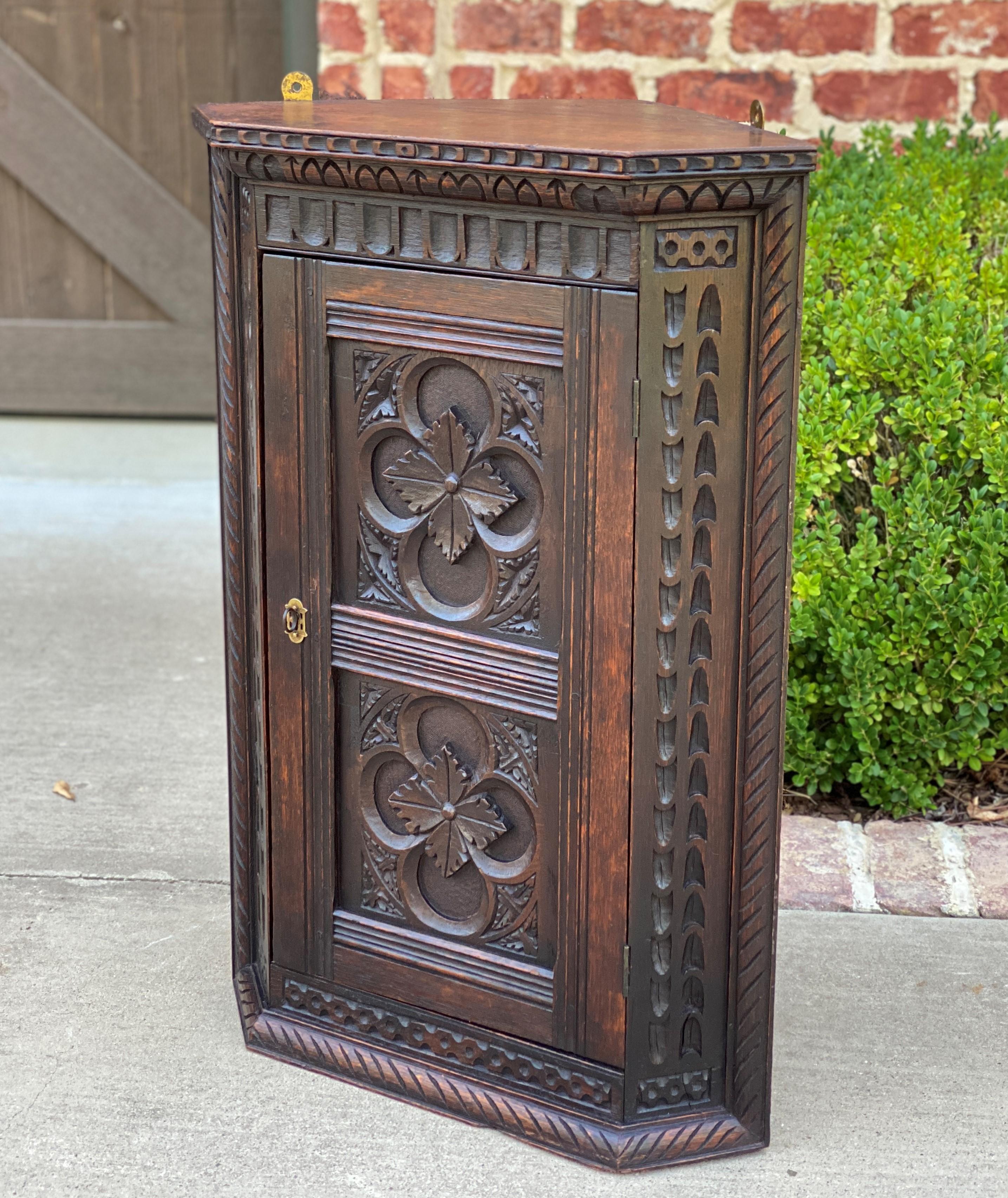 Antique English Corner Cabinet Carved Oak Hanging Wall Cabinet Large Storage 19C 6