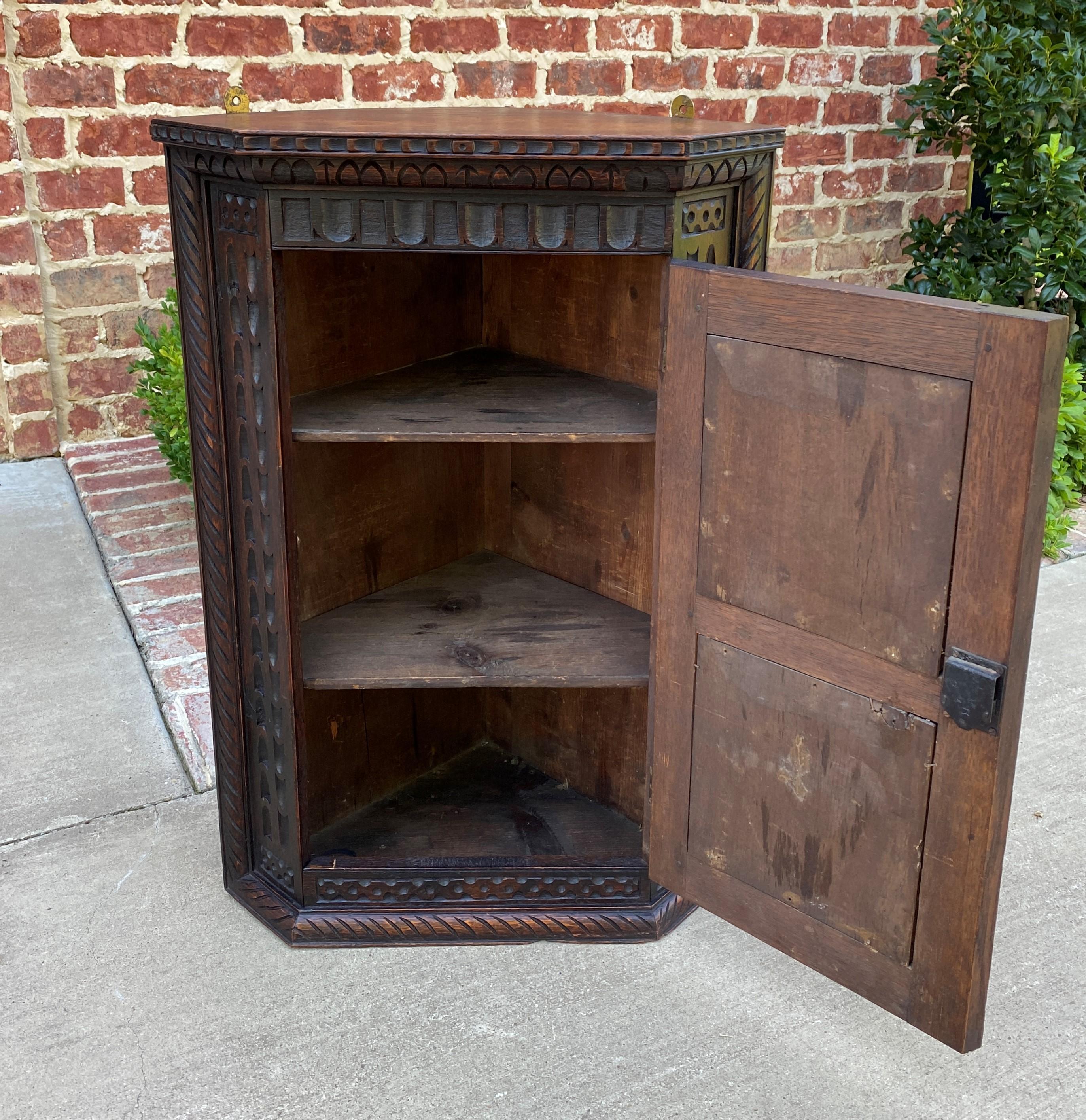 19th Century Antique English Corner Cabinet Carved Oak Hanging Wall Cabinet Large Storage 19C