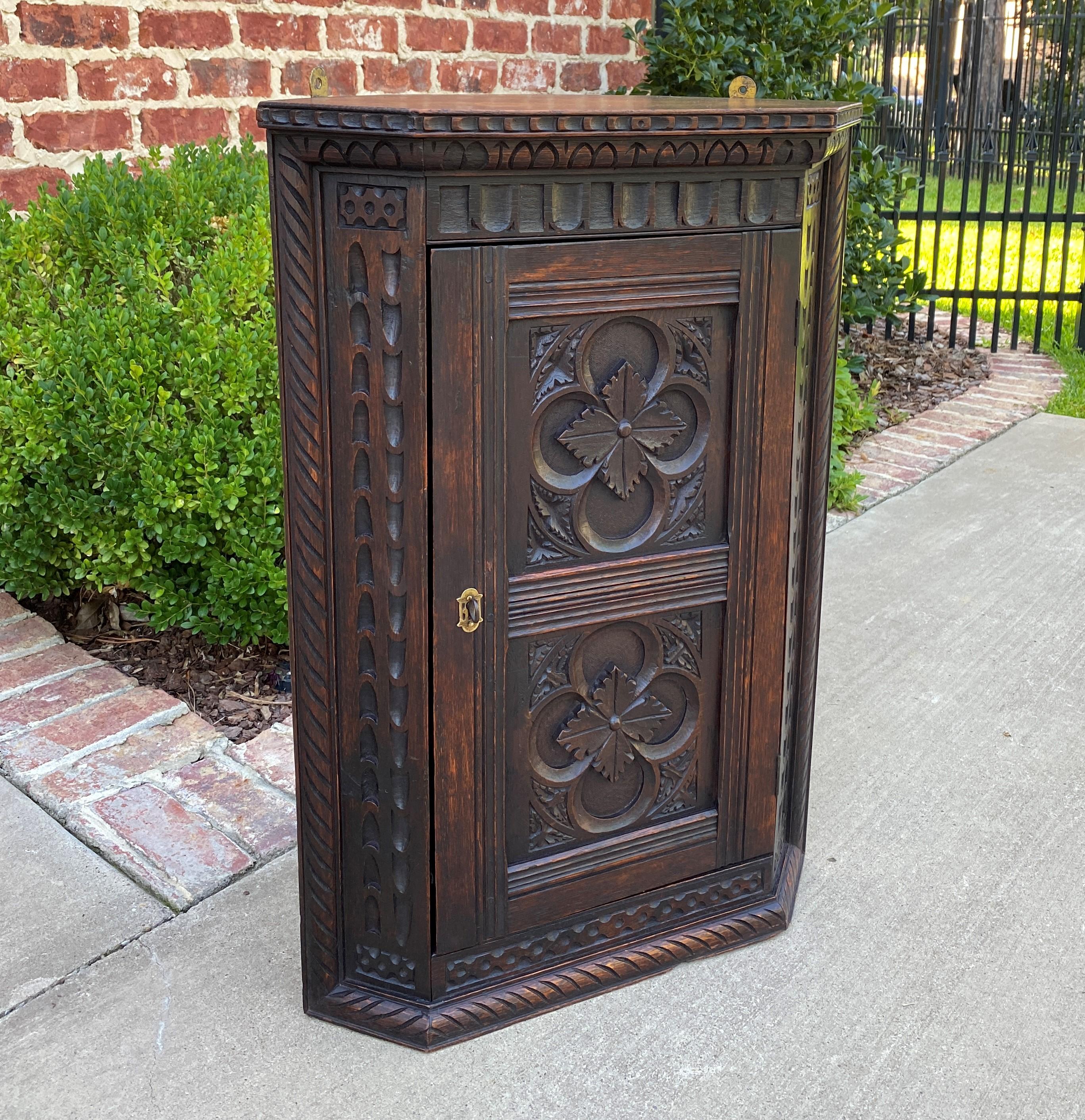 Antique English Corner Cabinet Carved Oak Hanging Wall Cabinet Large Storage 19C 2