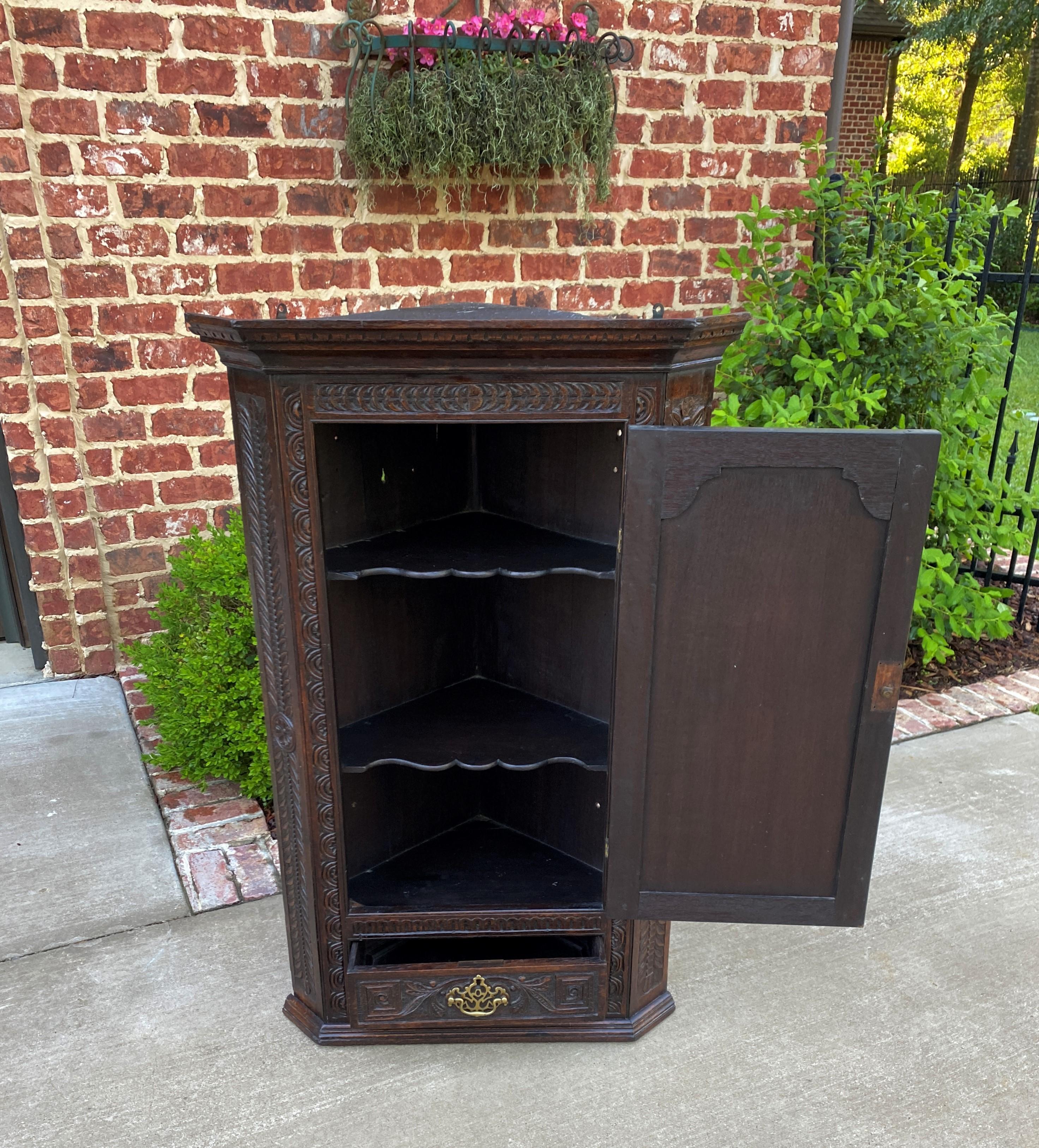 Antique English Corner Cabinet Storage Wall Cabinet Cupboard Carved Oak Drawer In Good Condition In Tyler, TX