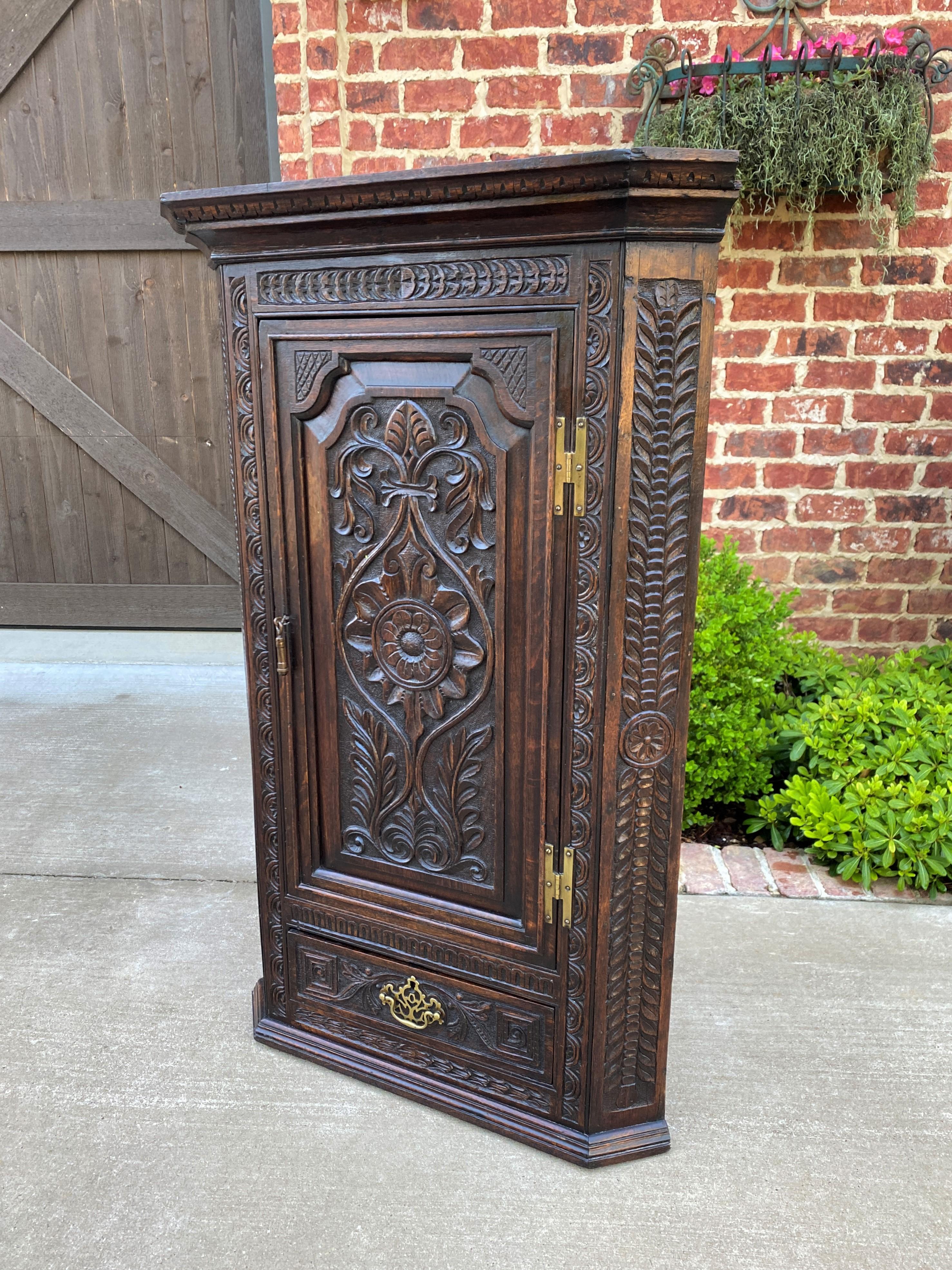 19th Century Antique English Corner Cabinet Storage Wall Cabinet Cupboard Carved Oak Drawer