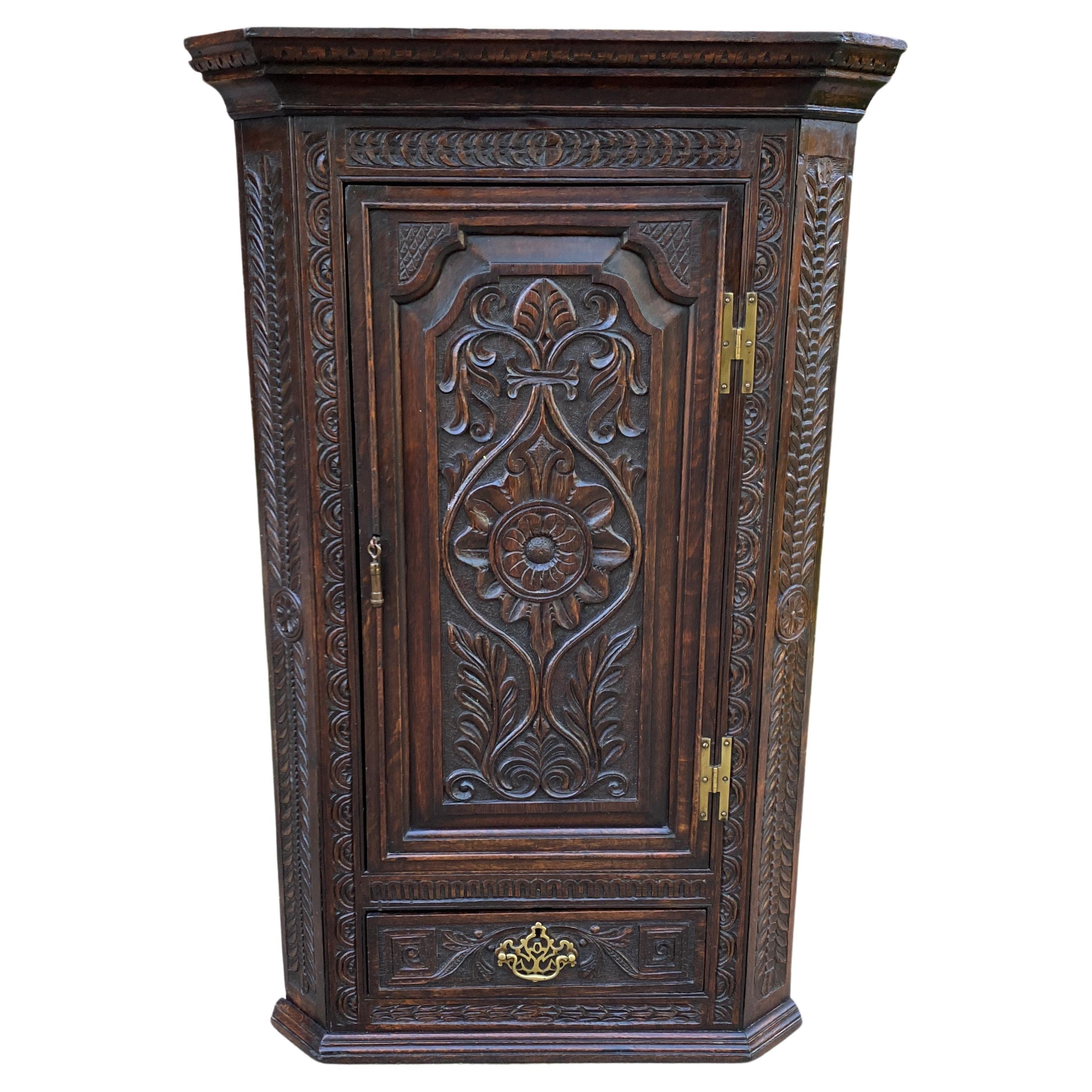 Antique English Corner Cabinet Storage Wall Cabinet Cupboard Carved Oak Drawer