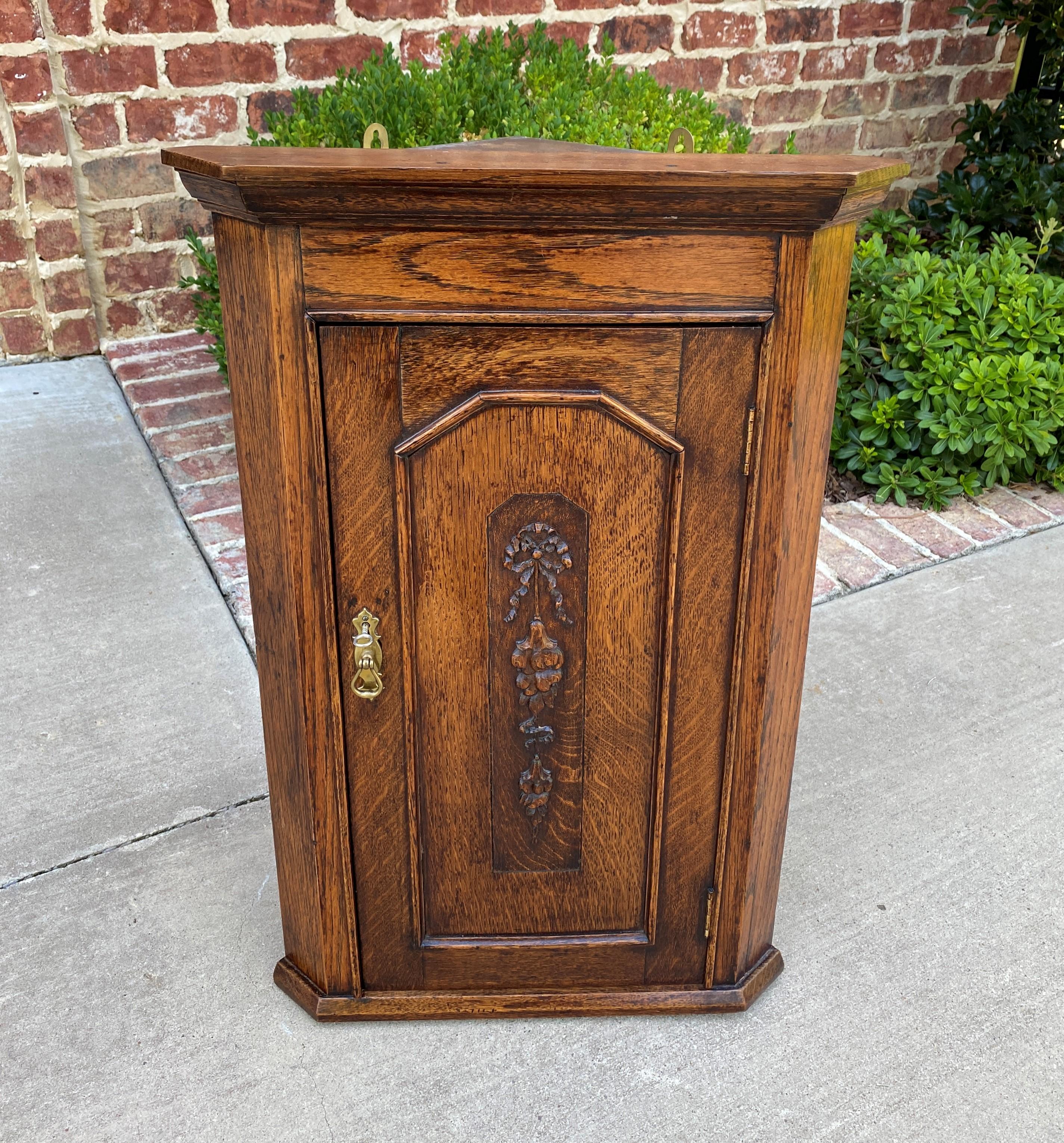 Carved Antique English Corner Cabinet Tiger Oak Wall Hanging Cabinet Storage Large 19C