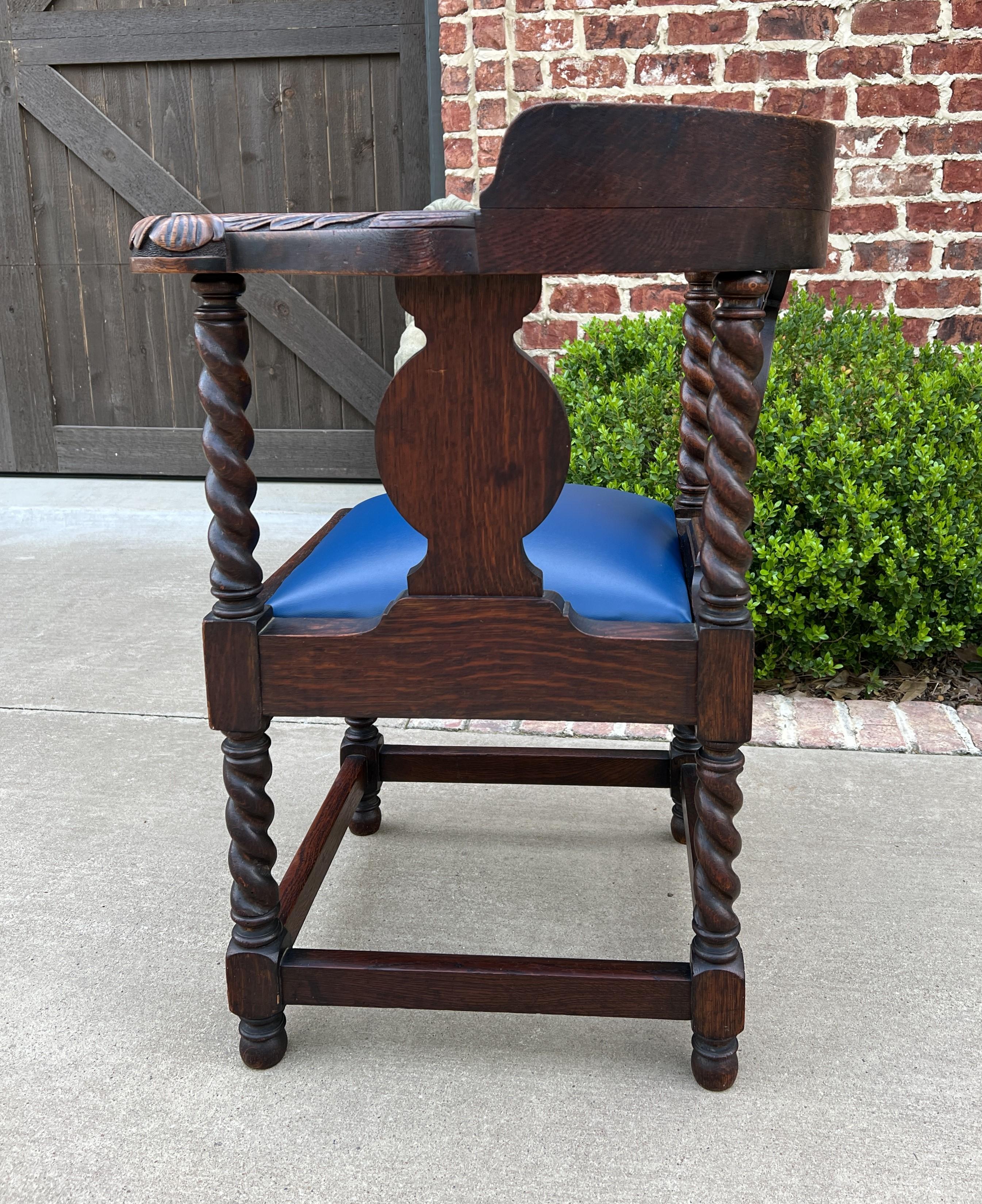 Antique English Corner Chair Oak Barley Twist Blue Leather Renaissance Revival For Sale 5