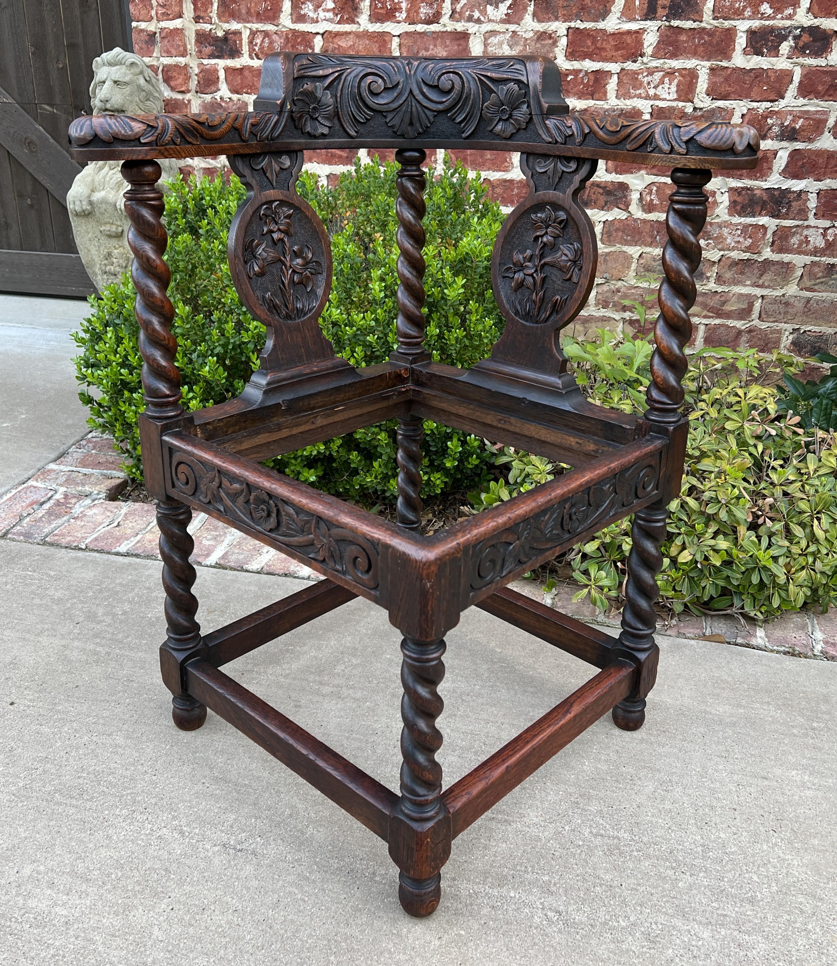 Antique English Corner Chair Oak Barley Twist Blue Leather Renaissance Revival For Sale 8