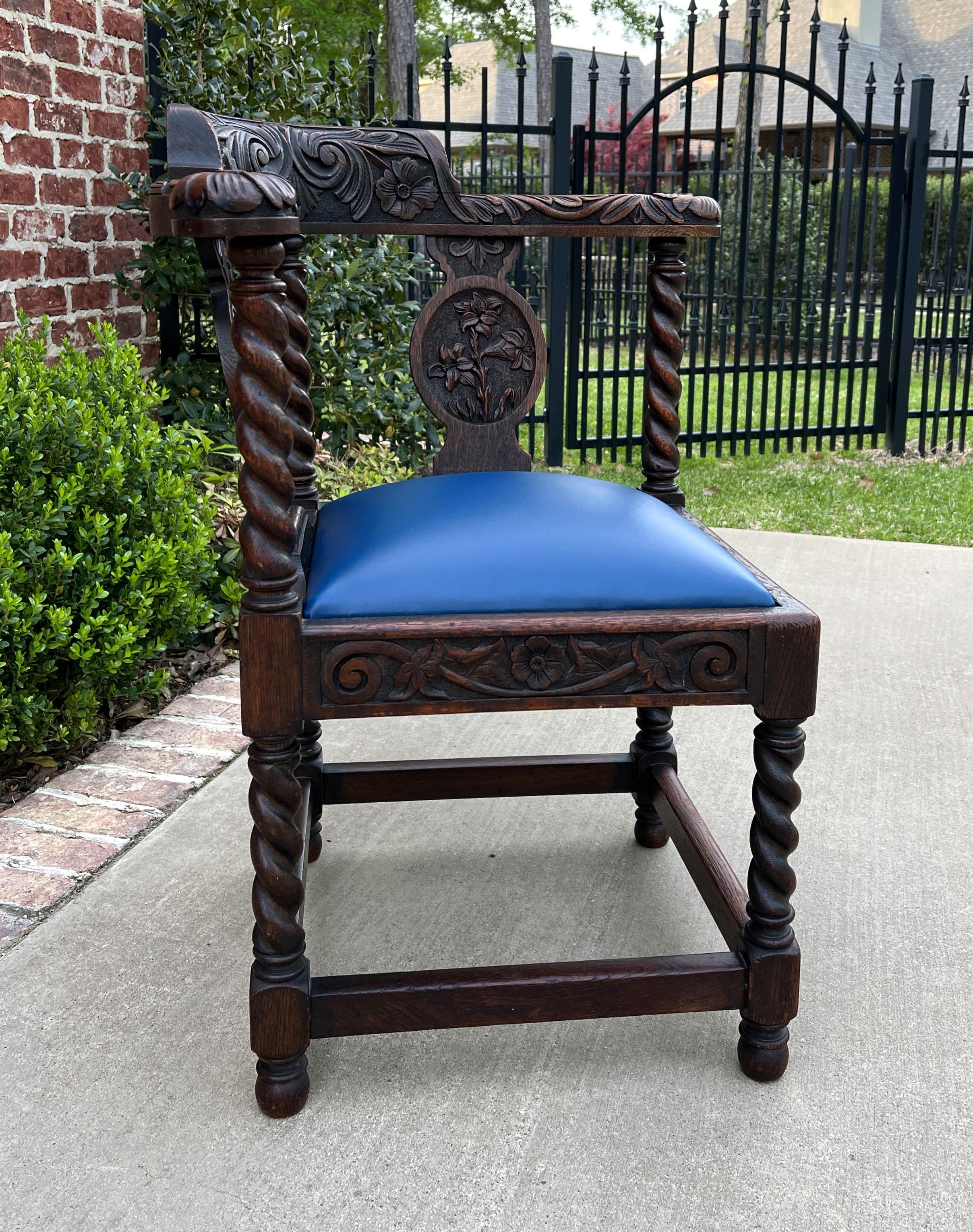 Carved Antique English Corner Chair Oak Barley Twist Blue Leather Renaissance Revival For Sale