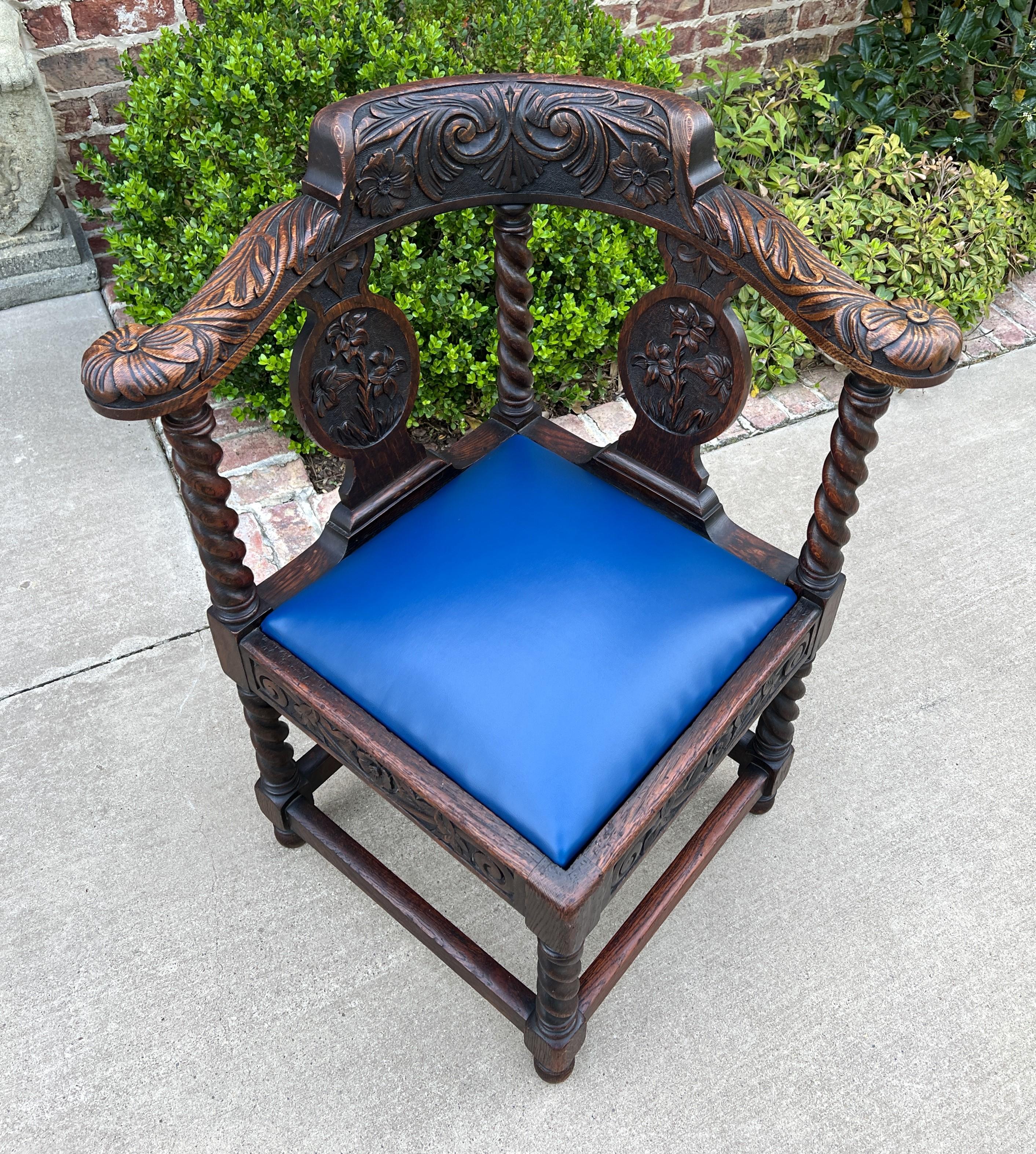 Early 20th Century Antique English Corner Chair Oak Barley Twist Blue Leather Renaissance Revival For Sale