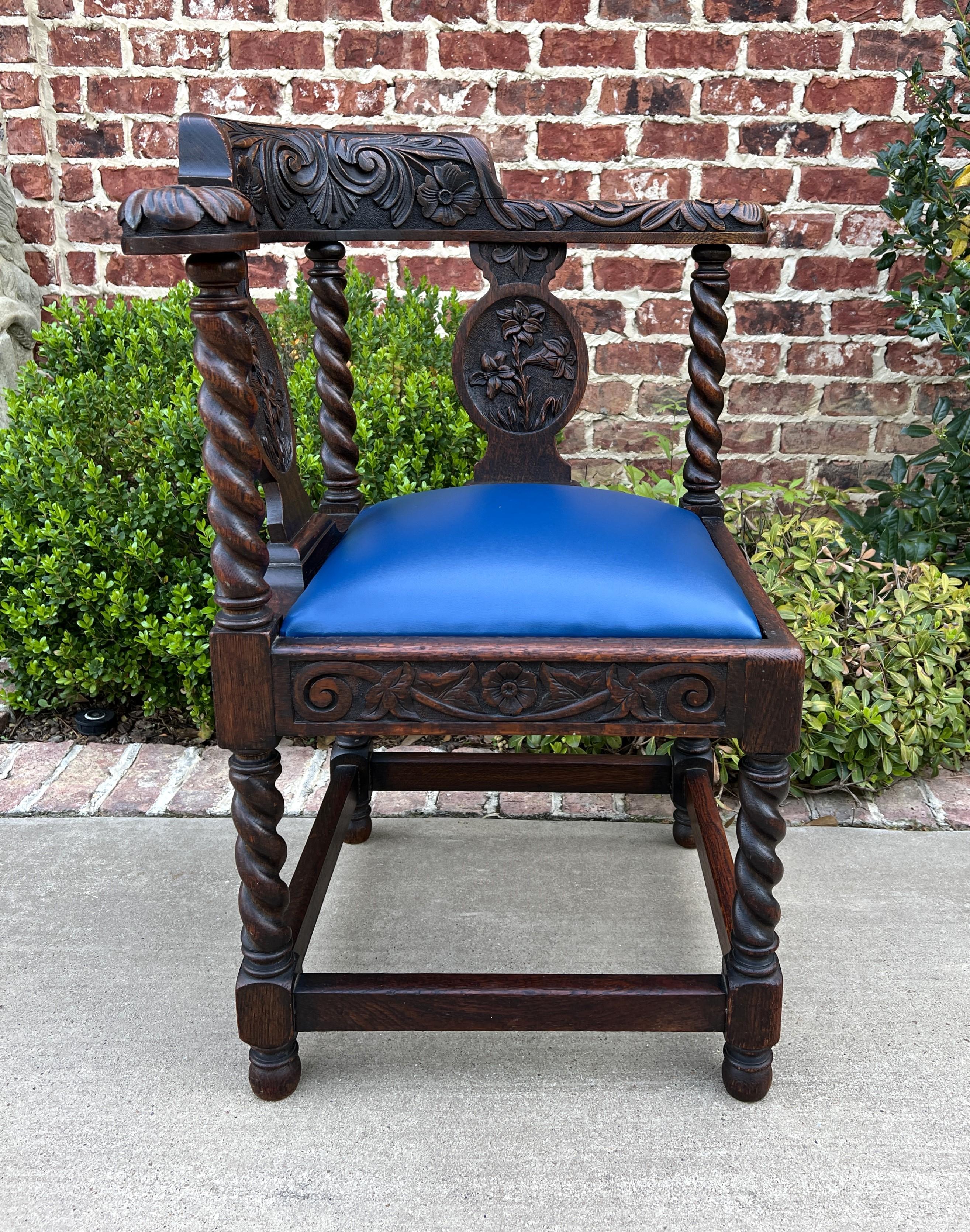 Antique English Corner Chair Oak Barley Twist Blue Leather Renaissance Revival For Sale 1
