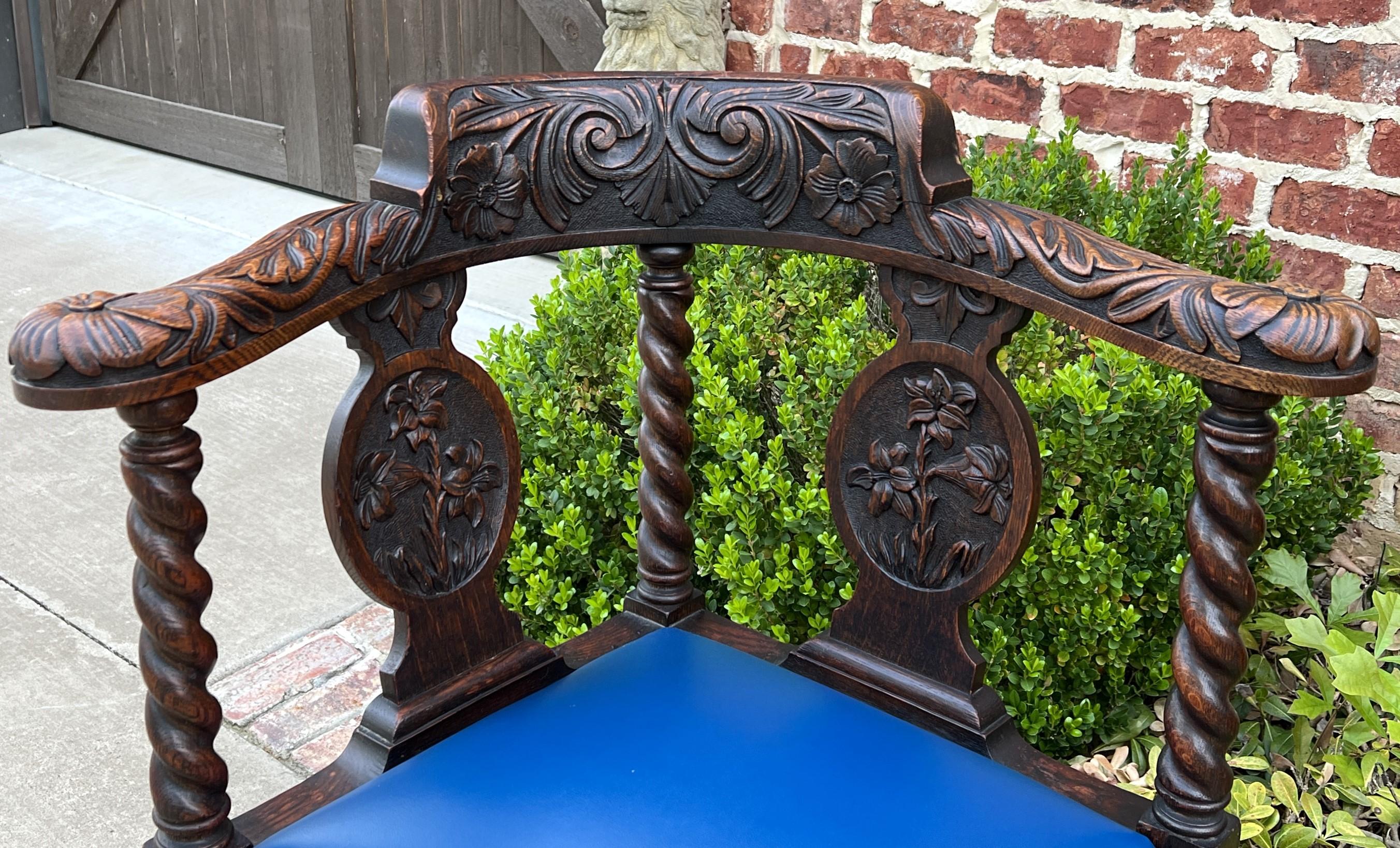 Antique English Corner Chair Oak Barley Twist Blue Leather Renaissance Revival For Sale 4