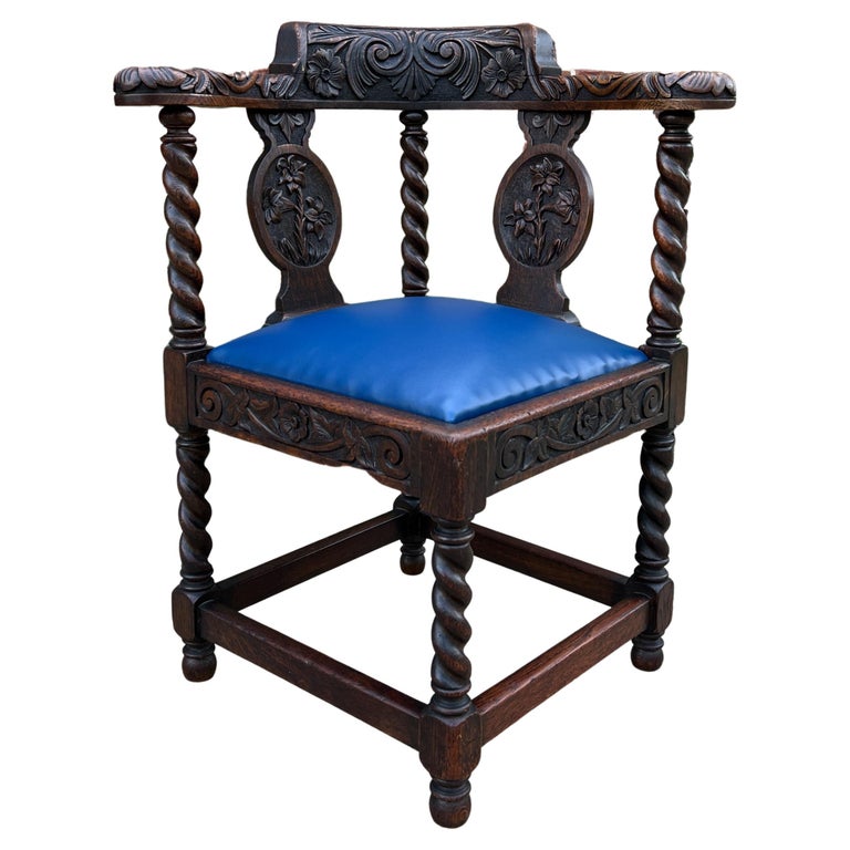 Antique English Corner Chair Oak Barley Twist Blue Leather Renaissance