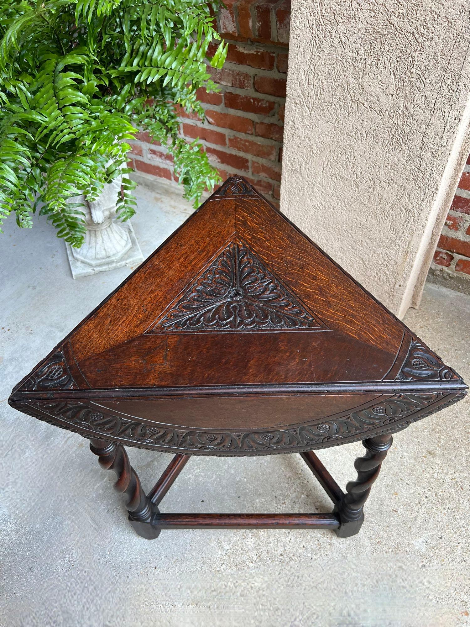 Antique English Corner End Table Handkerchief BARLEY TWIST Carved Oak ROUND 4