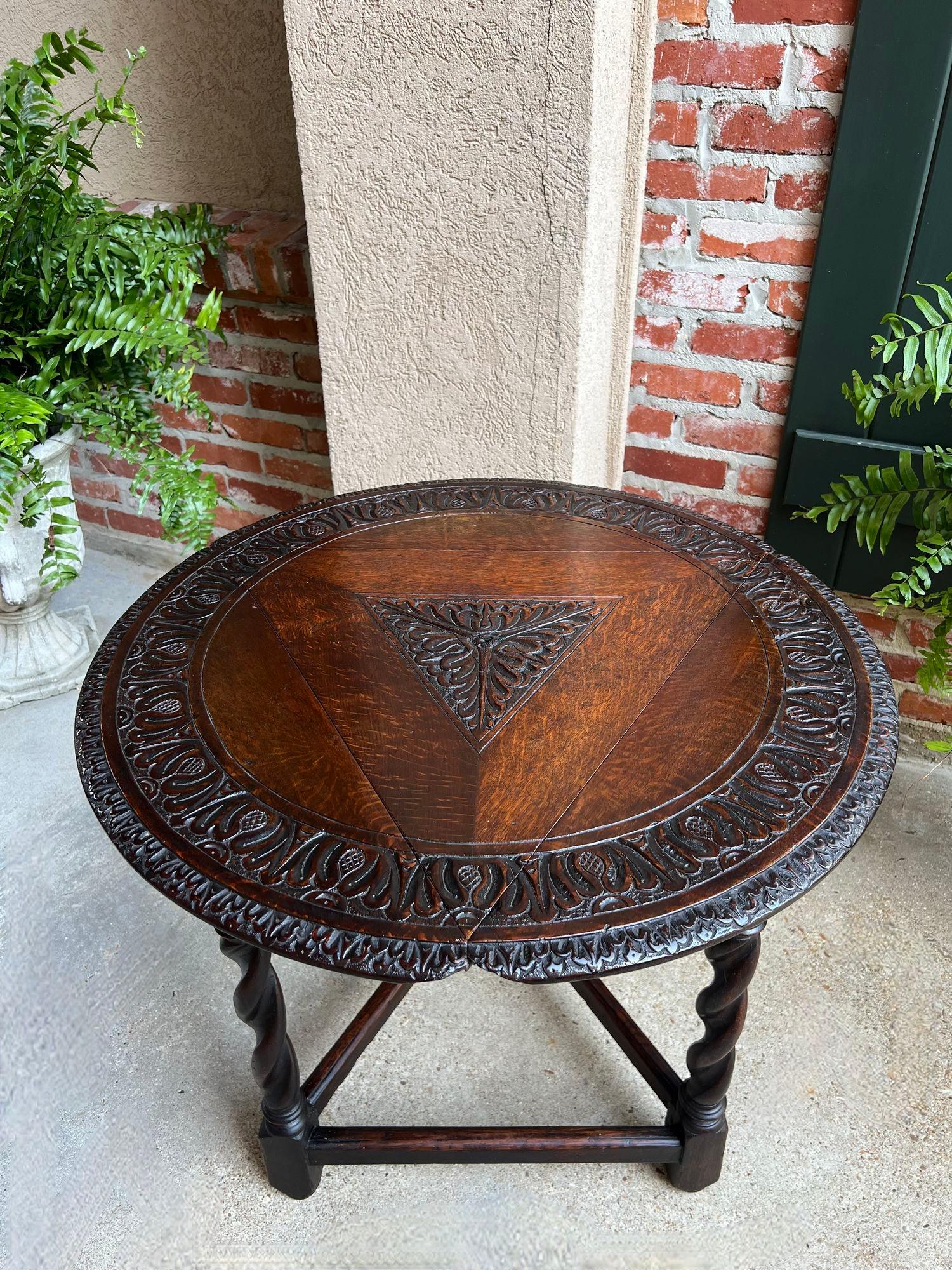 Antique English Corner End Table Handkerchief BARLEY TWIST Carved Oak ROUND 5