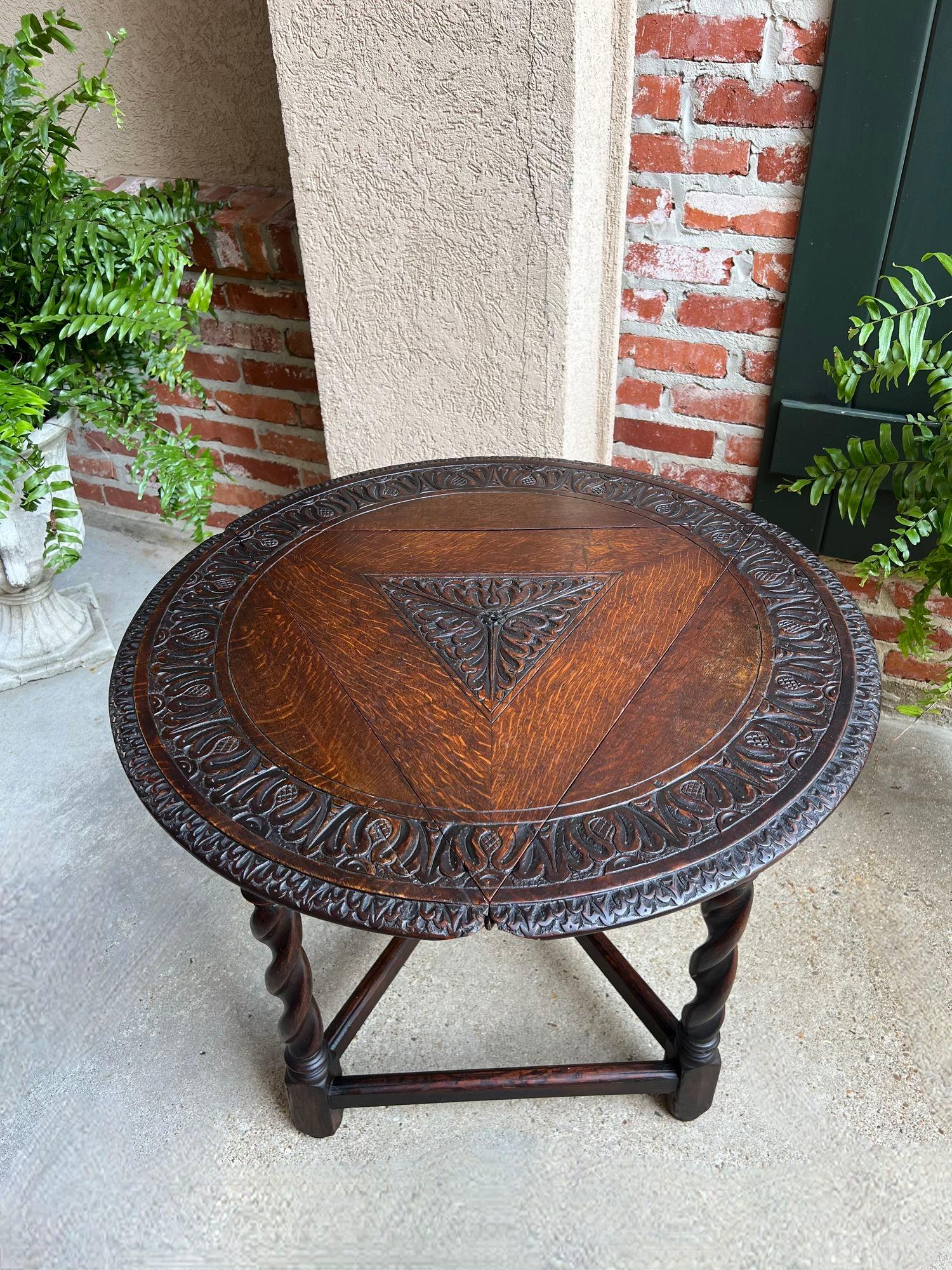 Antique English Corner End Table Handkerchief BARLEY TWIST Carved Oak ROUND 12