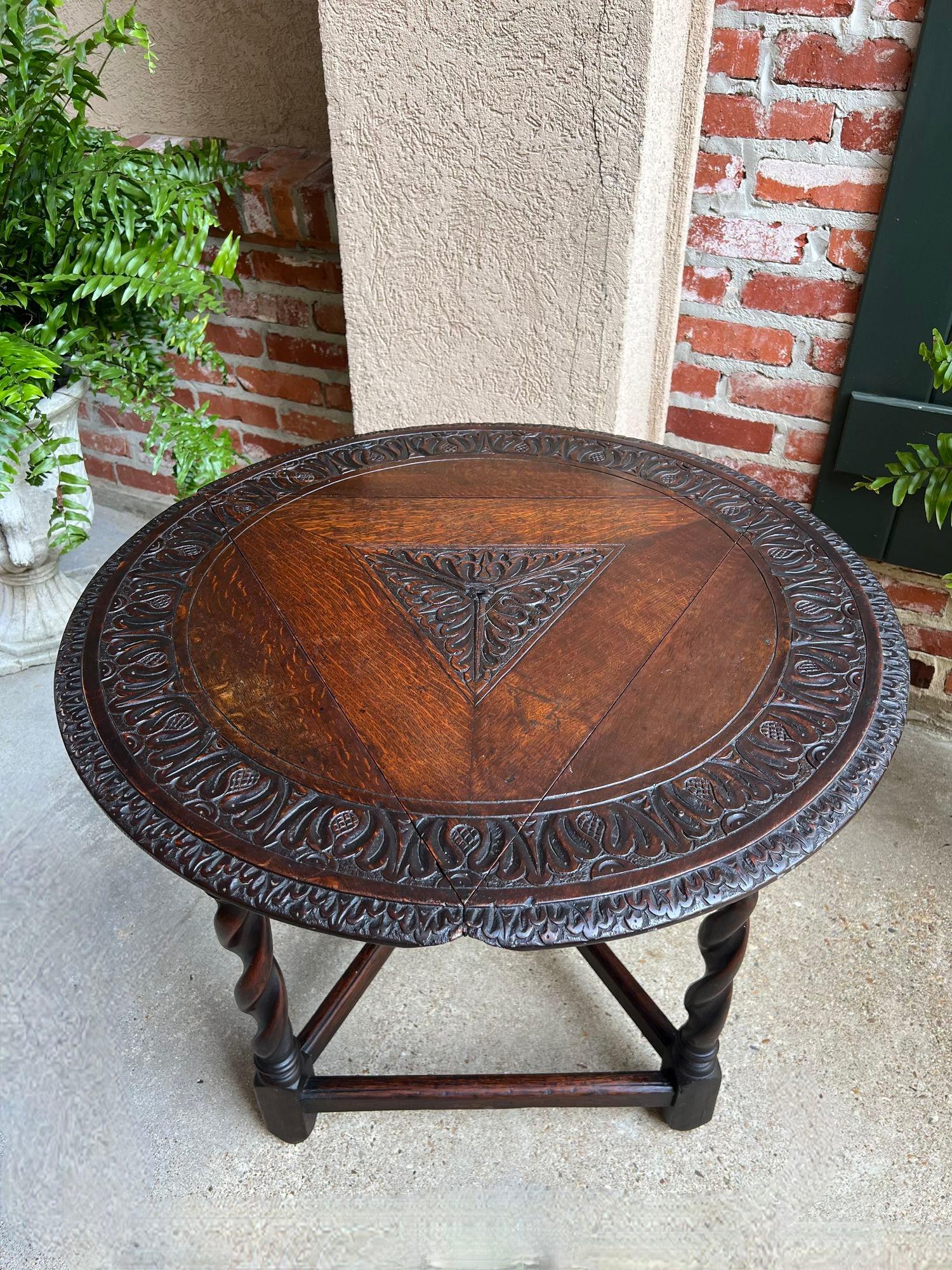 Antique English Corner End Table Handkerchief BARLEY TWIST Carved Oak ROUND 13